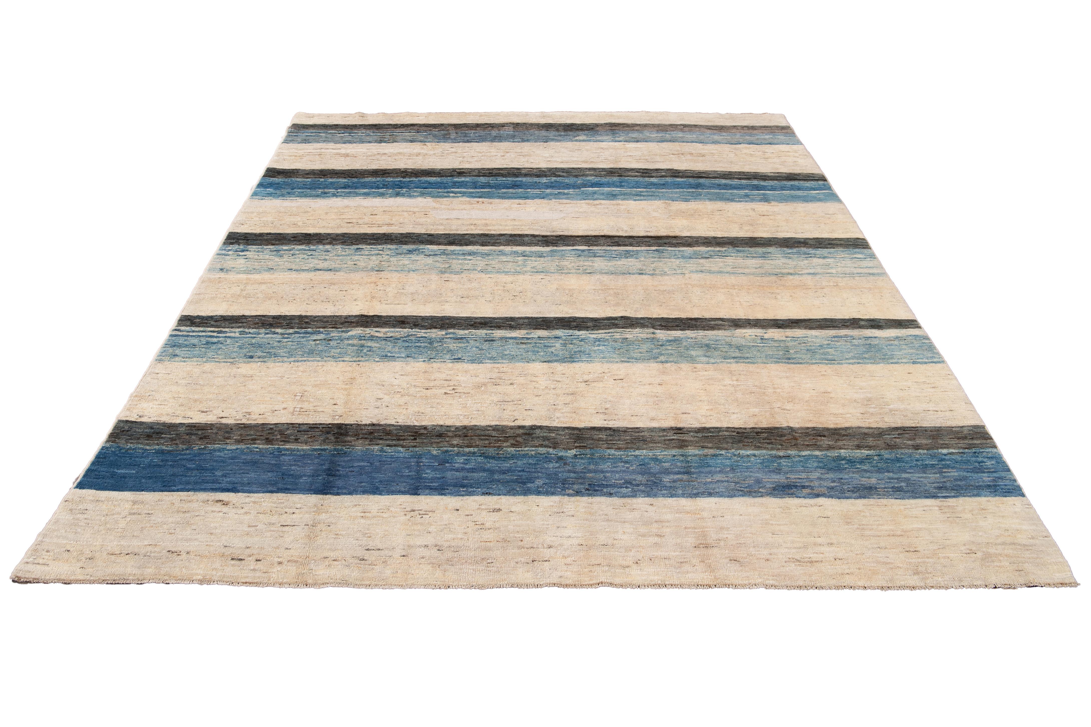 Afghan Modern Moroccan-Style Striped Room Size Wool Rug For Sale