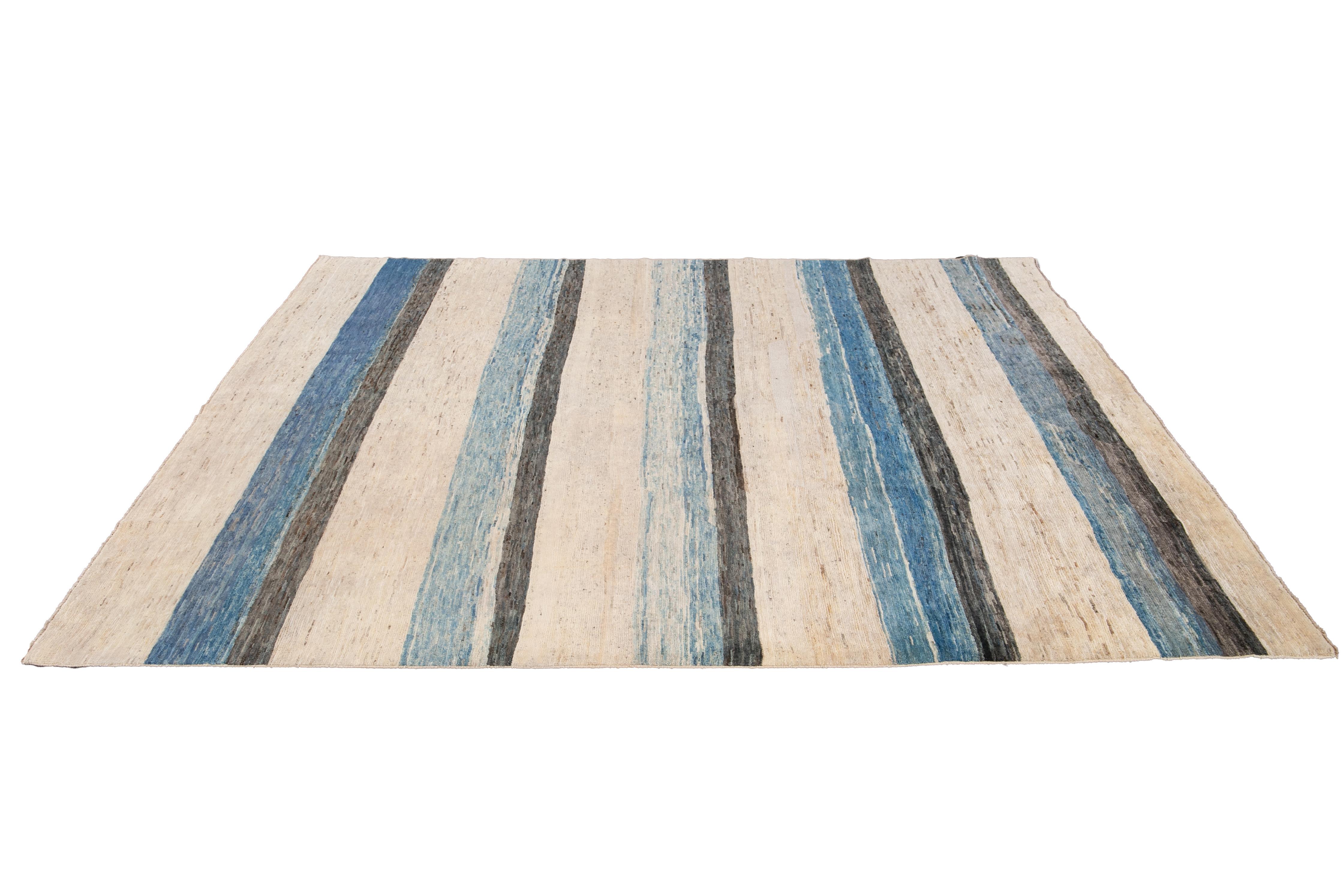 Modern Moroccan-Style Striped Room Size Wool Rug For Sale 3