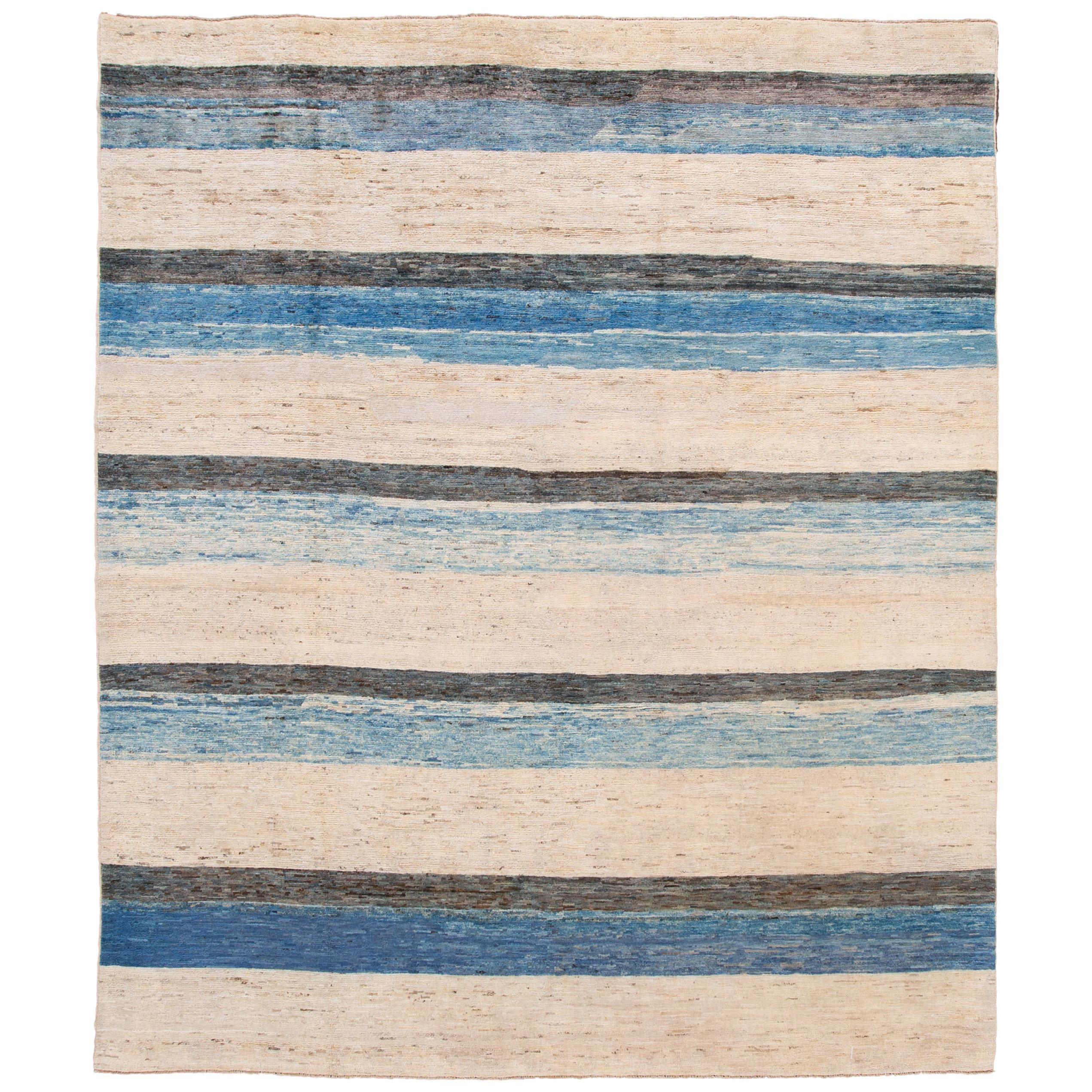 Modern Moroccan-Style Striped Room Size Wool Rug For Sale