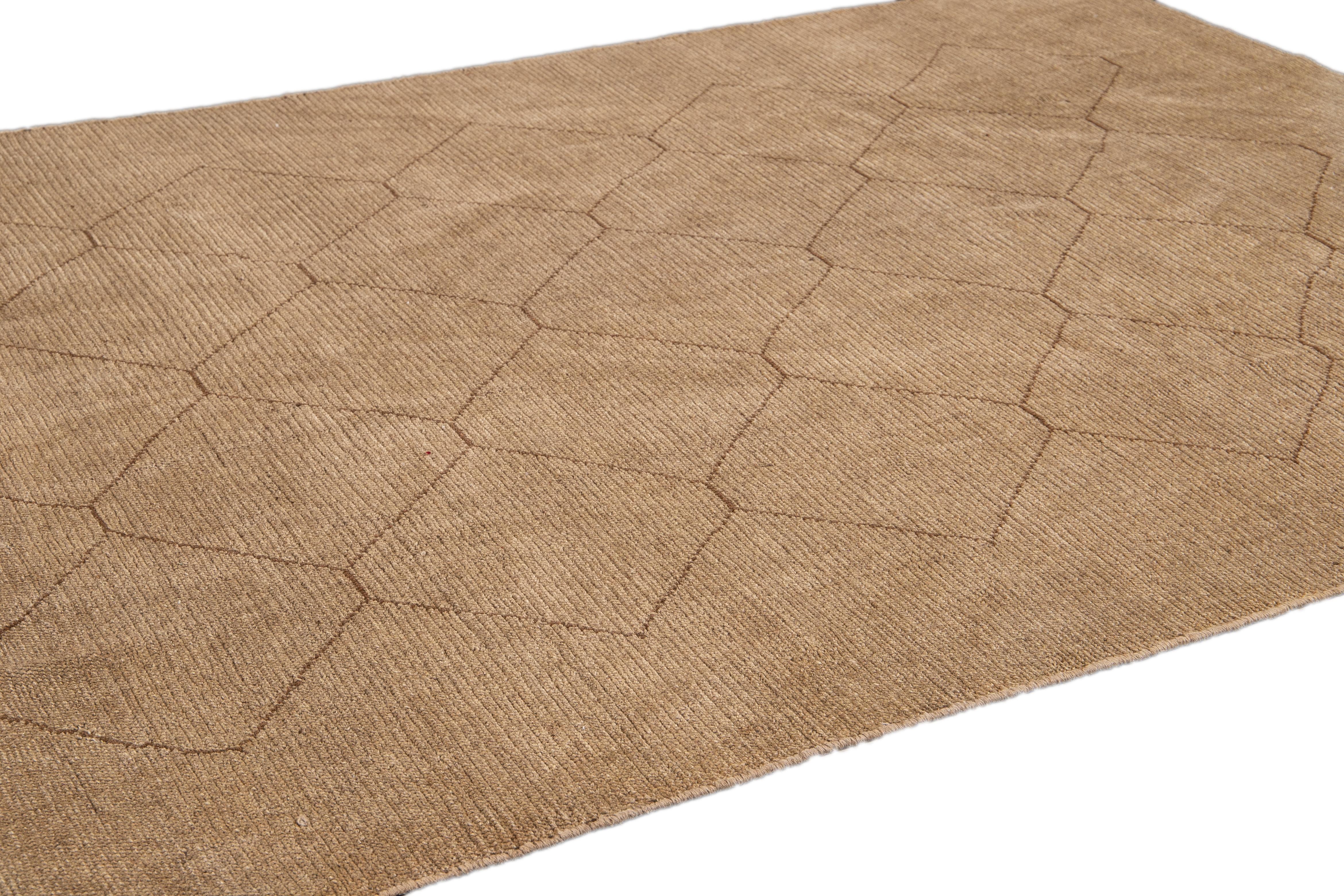 Hand-Knotted Modern Moroccan Style Tan Handmade Geometric Wool Rug For Sale
