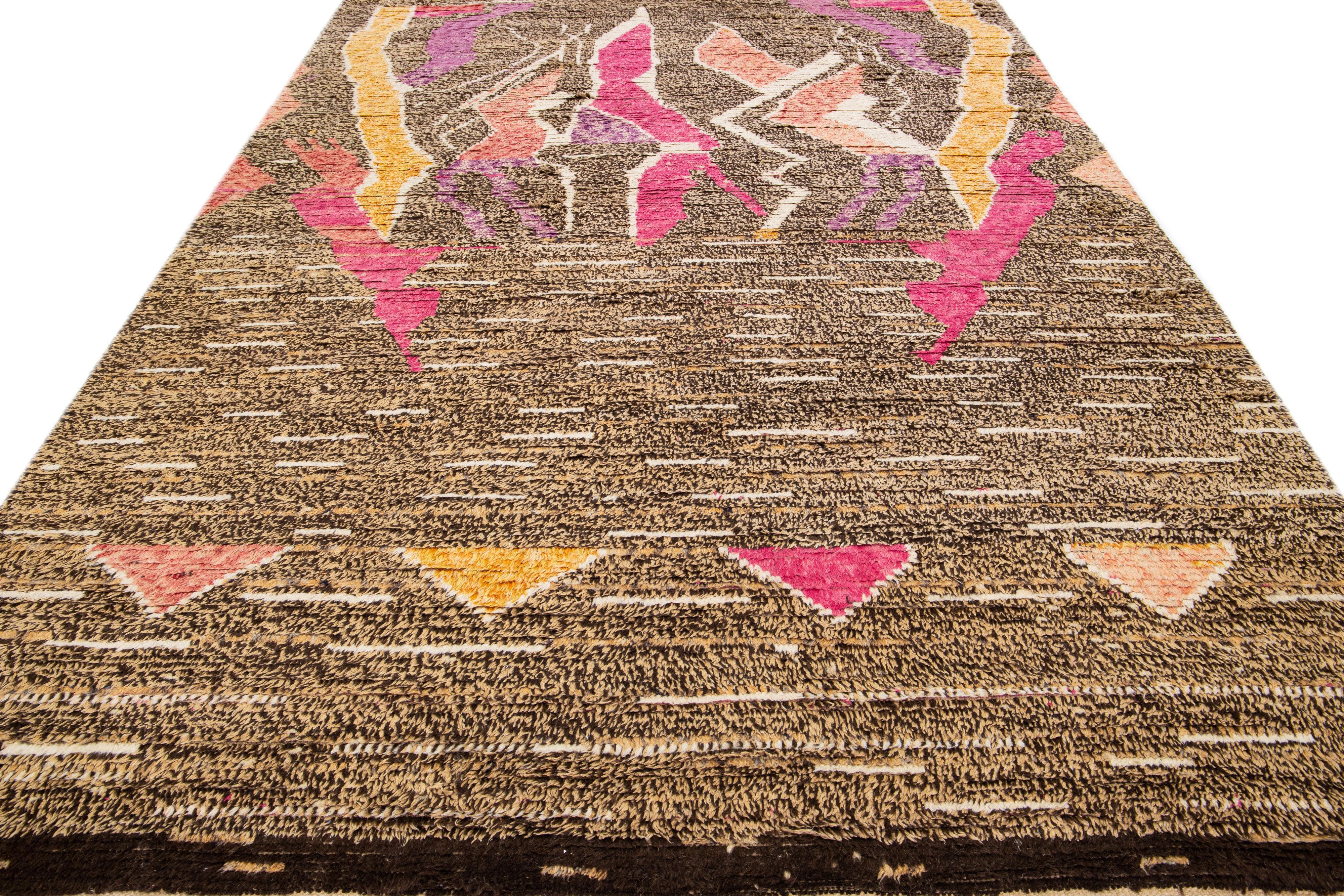 Indian Modern Moroccan Style Tan Handmade Wool Rug With Multicolor Abstract Design For Sale