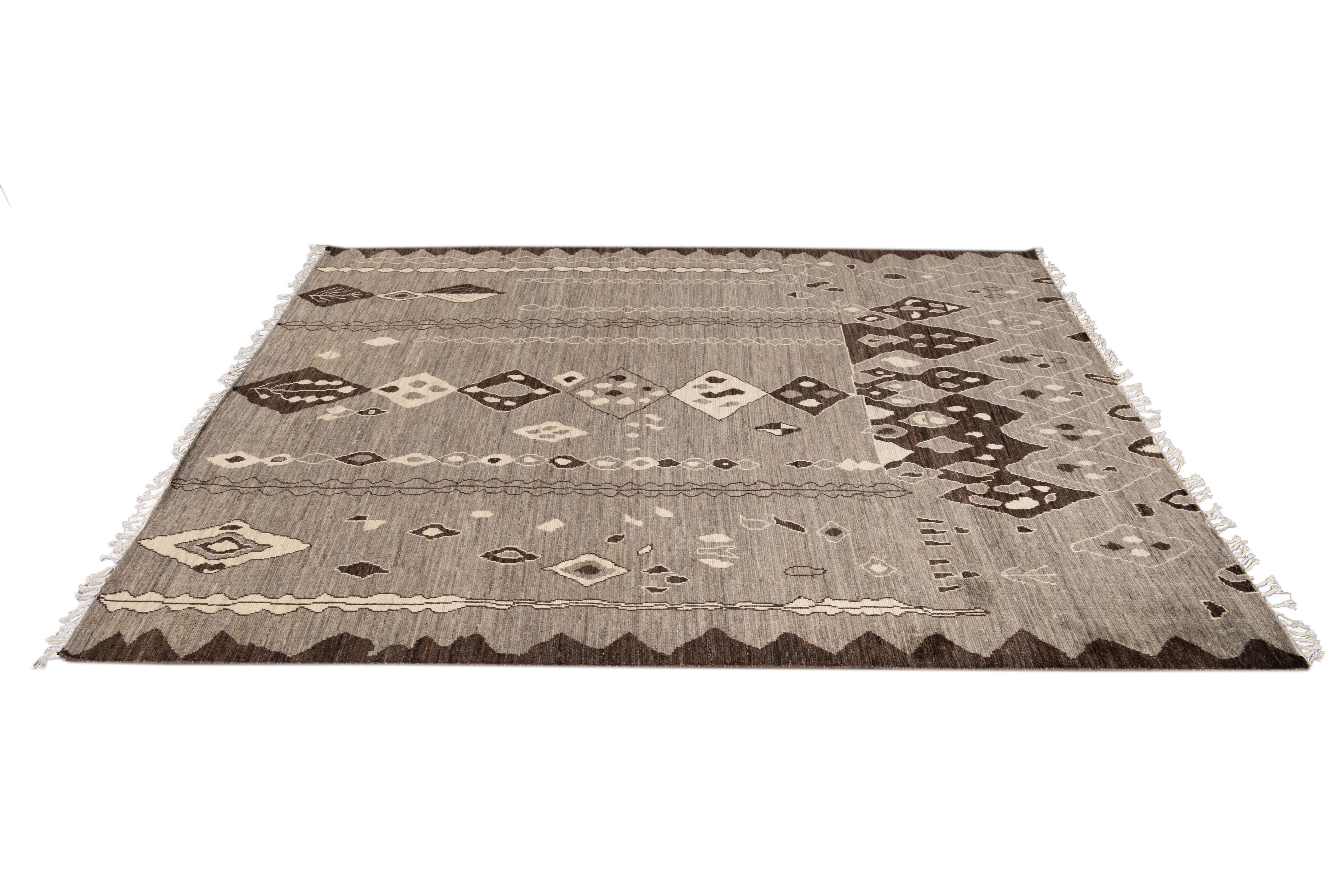 Modern Moroccan-Style Tribal Room Size Wool Rug For Sale 8
