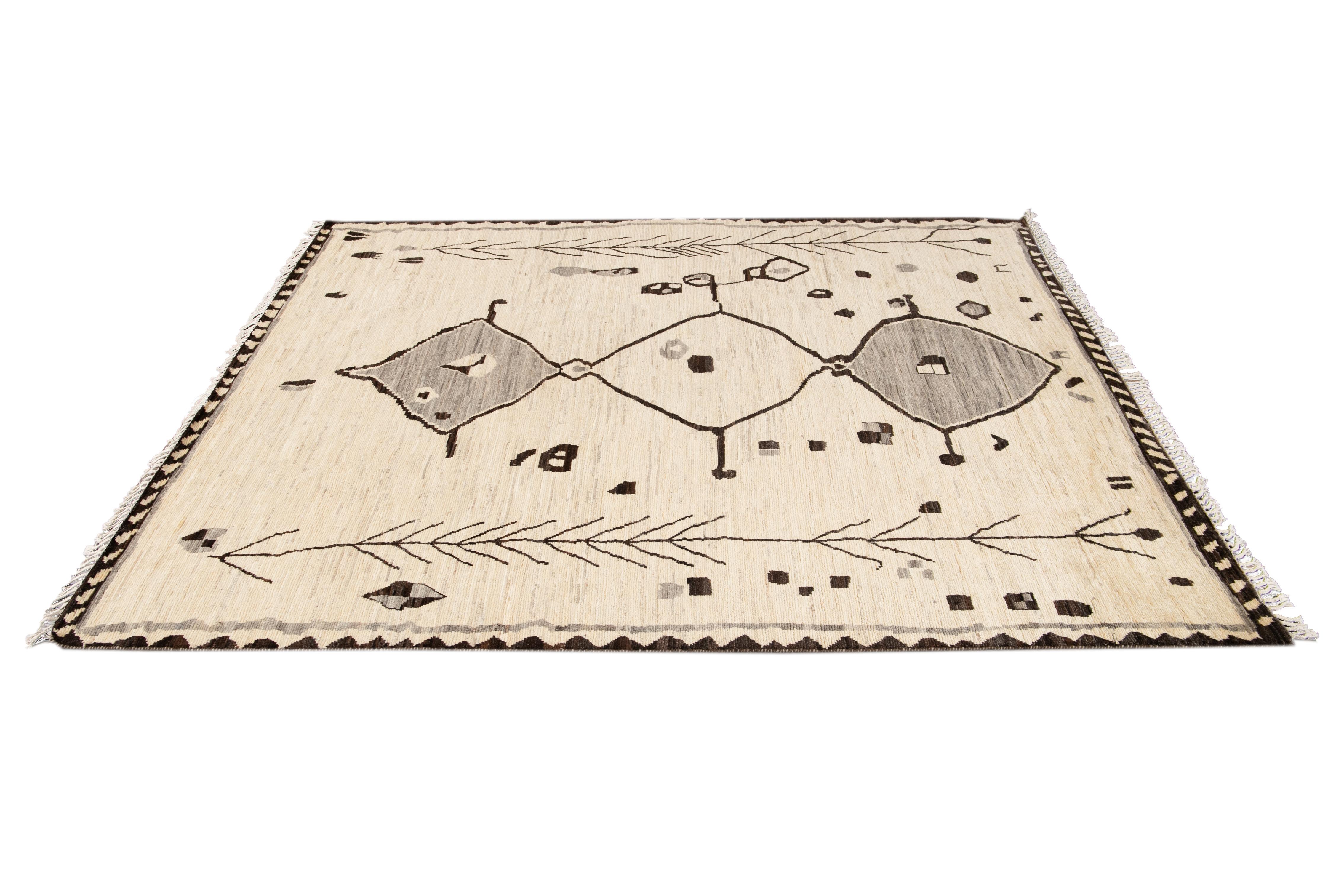 Modern Moroccan-Style Tribal Room Size Wool Rug For Sale 5