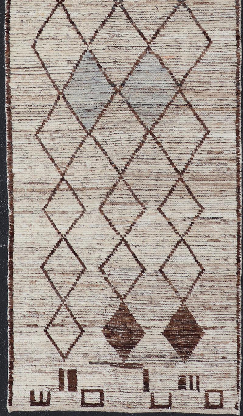 Modern Moroccan Style Tribal Runner with Geometric Patterns in Browns and Cream For Sale 3