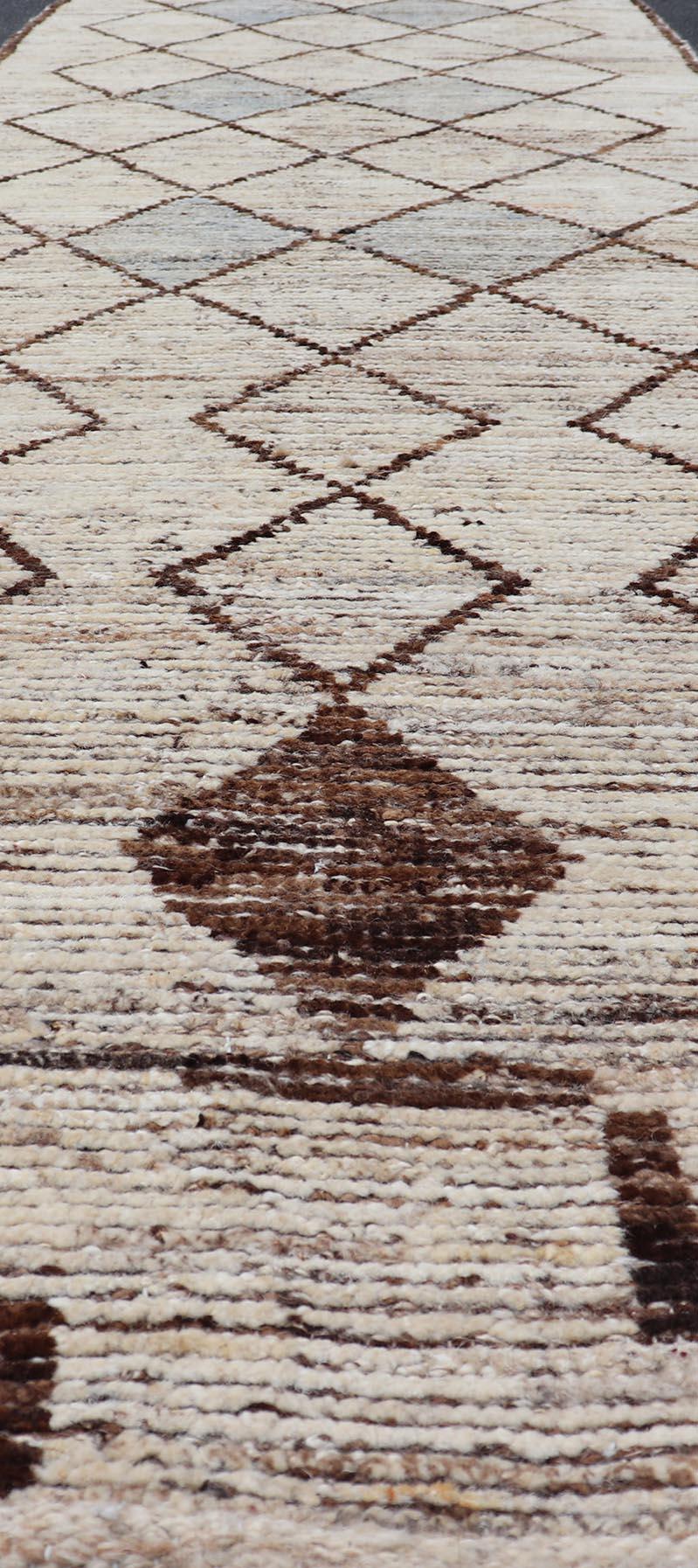 Afghan Modern Moroccan Style Tribal Runner with Geometric Patterns in Browns and Cream For Sale