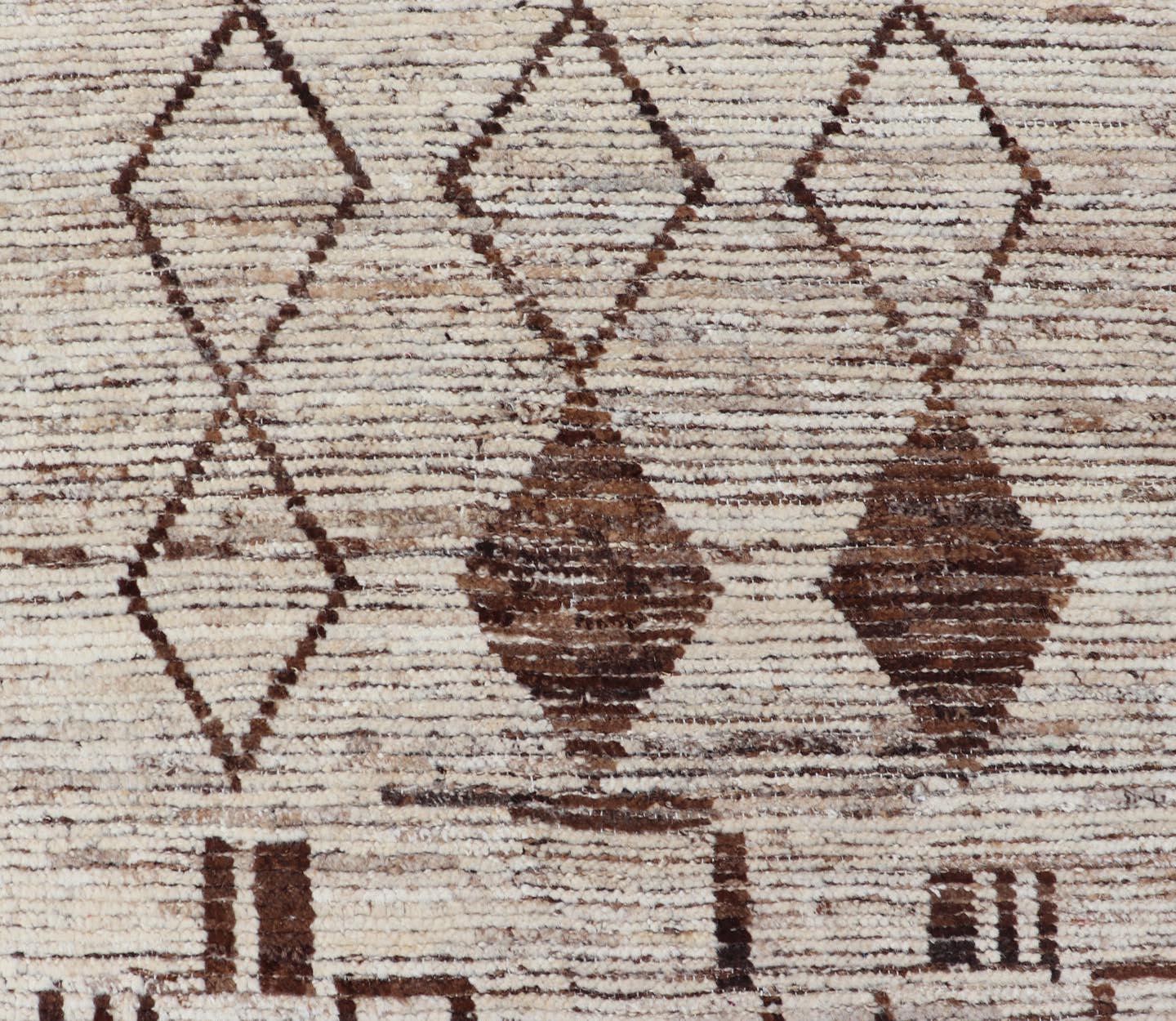 Hand-Knotted Modern Moroccan Style Tribal Runner with Geometric Patterns in Browns and Cream For Sale