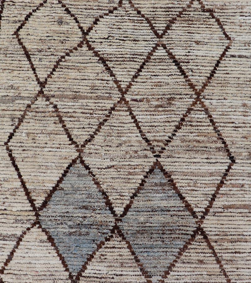 Contemporary Modern Moroccan Style Tribal Runner with Geometric Patterns in Browns and Cream For Sale