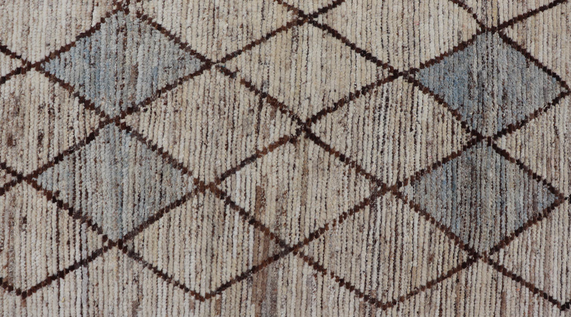 Wool Modern Moroccan Style Tribal Runner with Geometric Patterns in Browns and Cream For Sale