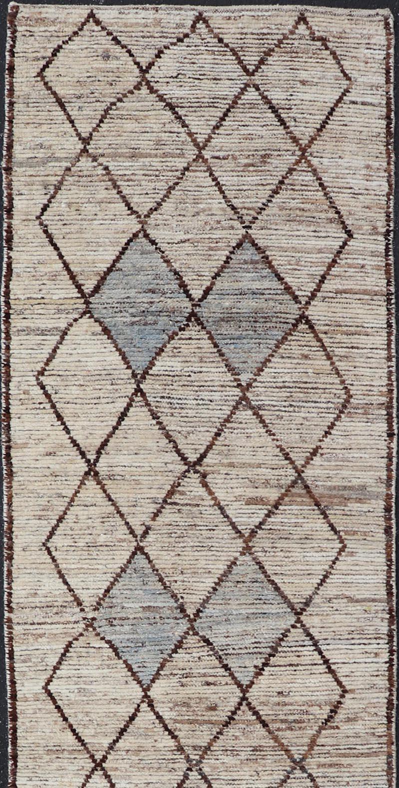 Modern Moroccan Style Tribal Runner with Geometric Patterns in Browns and Cream For Sale 1