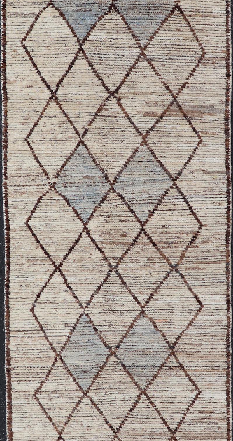 Modern Moroccan Style Tribal Runner with Geometric Patterns in Browns and Cream For Sale 2