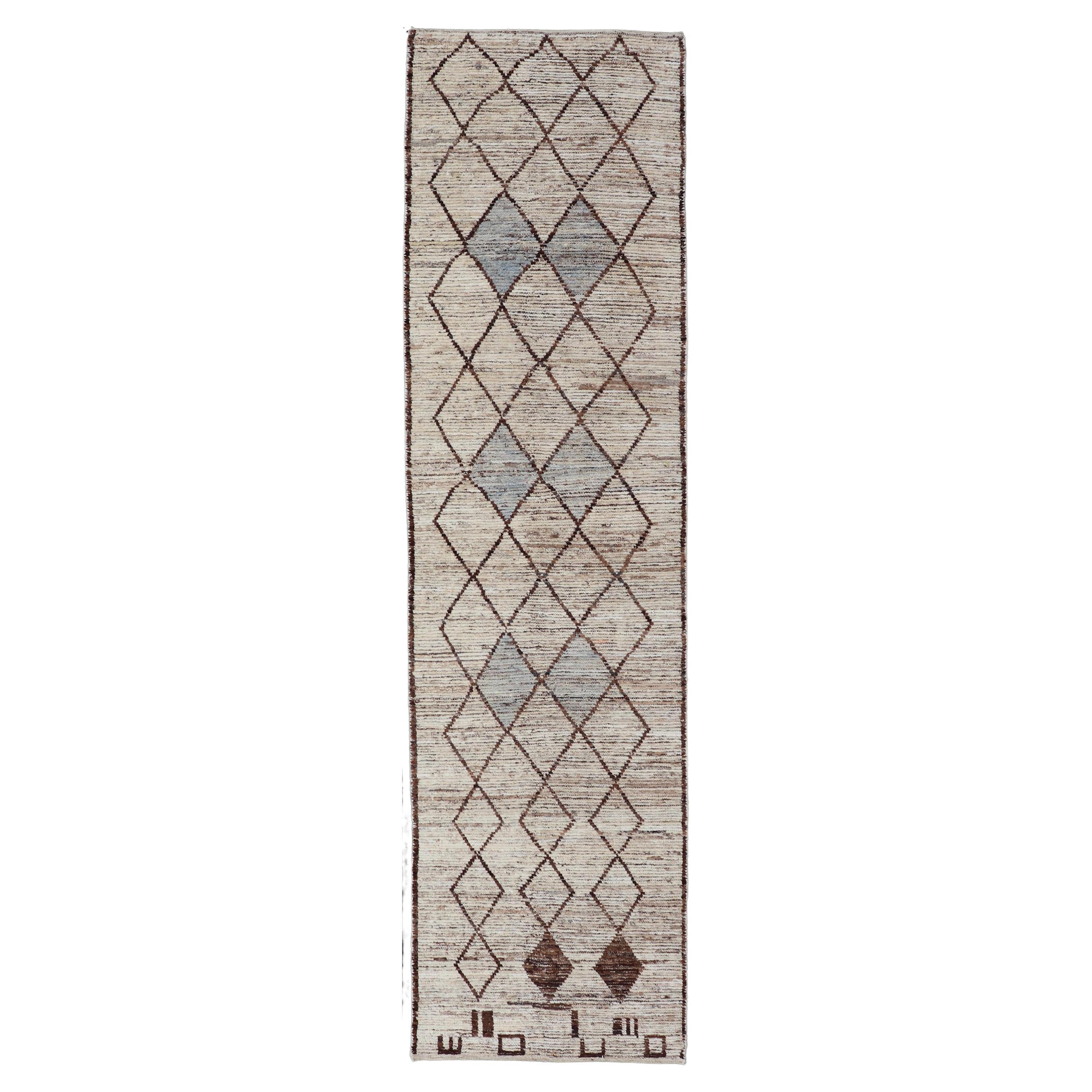 Modern Moroccan Style Tribal Runner with Geometric Patterns in Browns and Cream