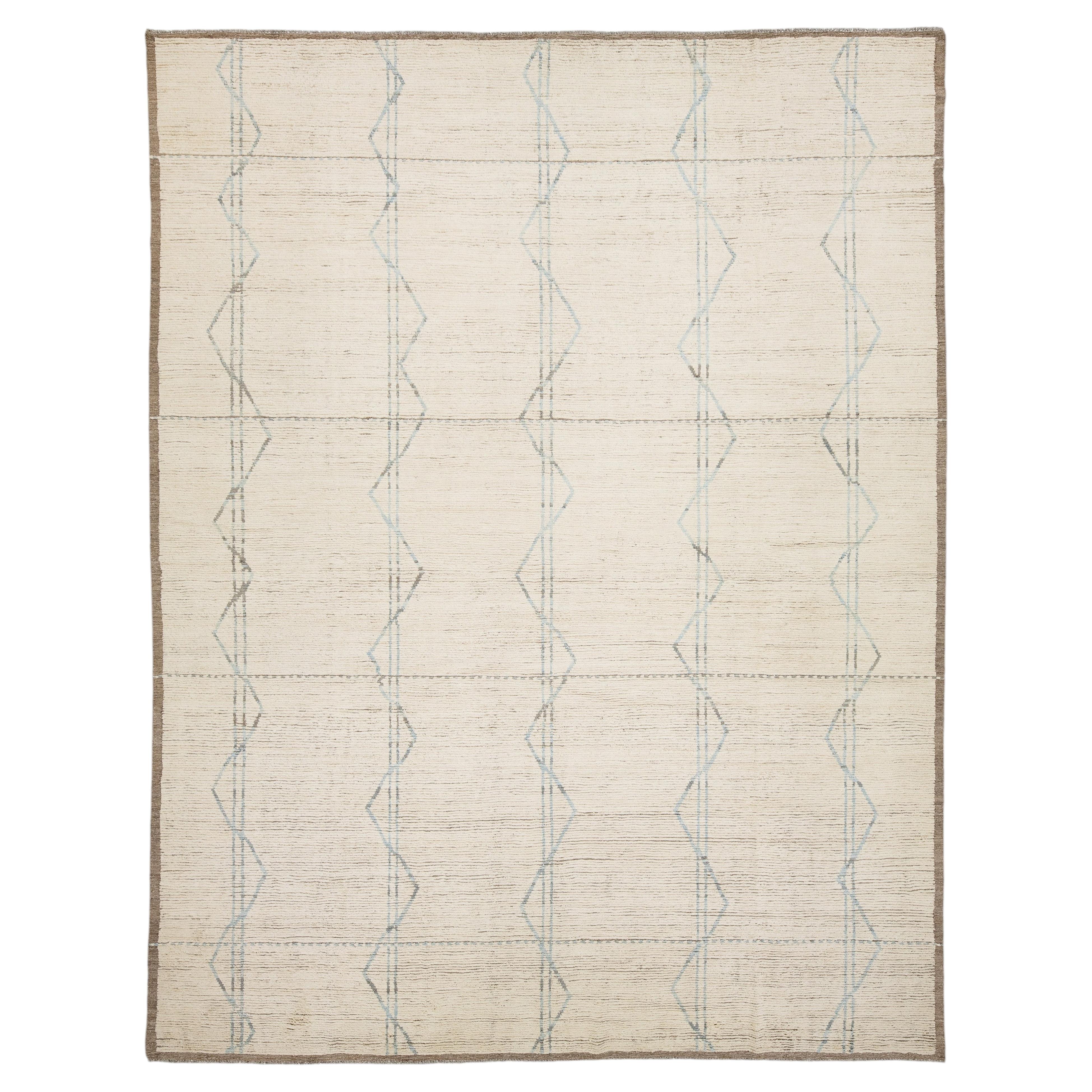 Modern Moroccan Style Wool Area Rug with Geometric in Cream and Soft Blue 13x17