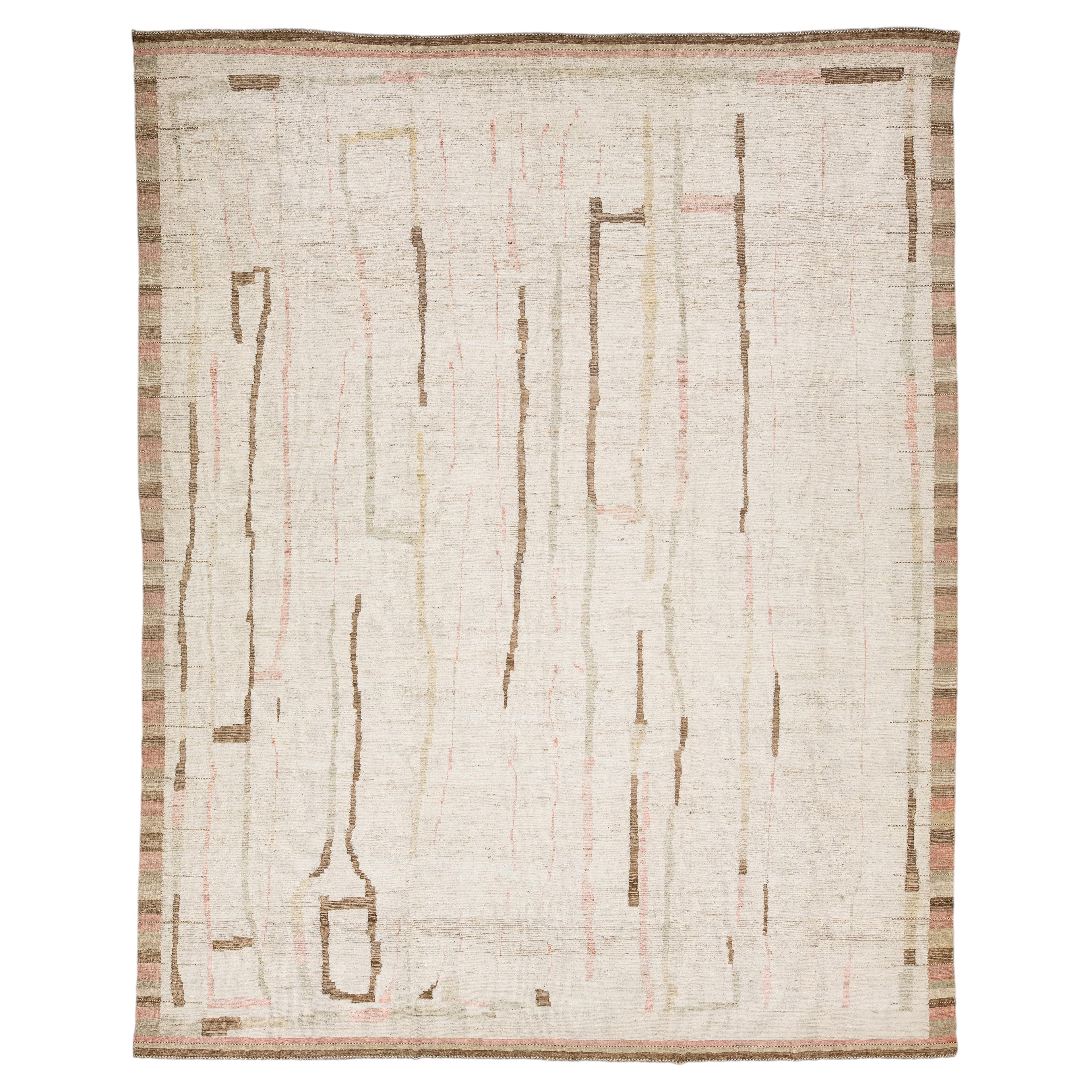 Modern Moroccan Style Wool Rug Abstract Lines in Ivory, Terracotta, and Sage