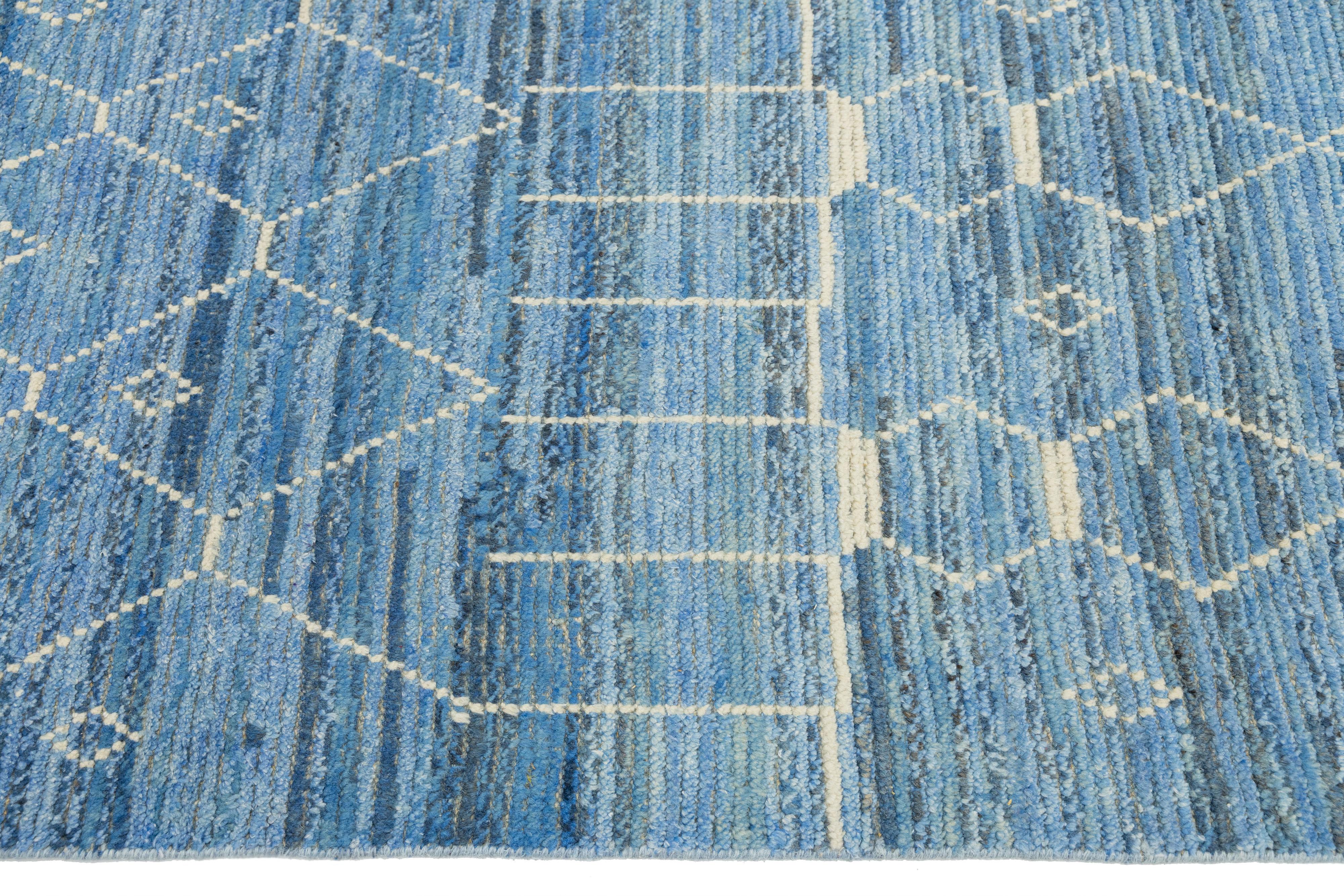 Modern Moroccan Style Wool Rug Handwoven Blue with Tribal Geometric Motifs For Sale 4