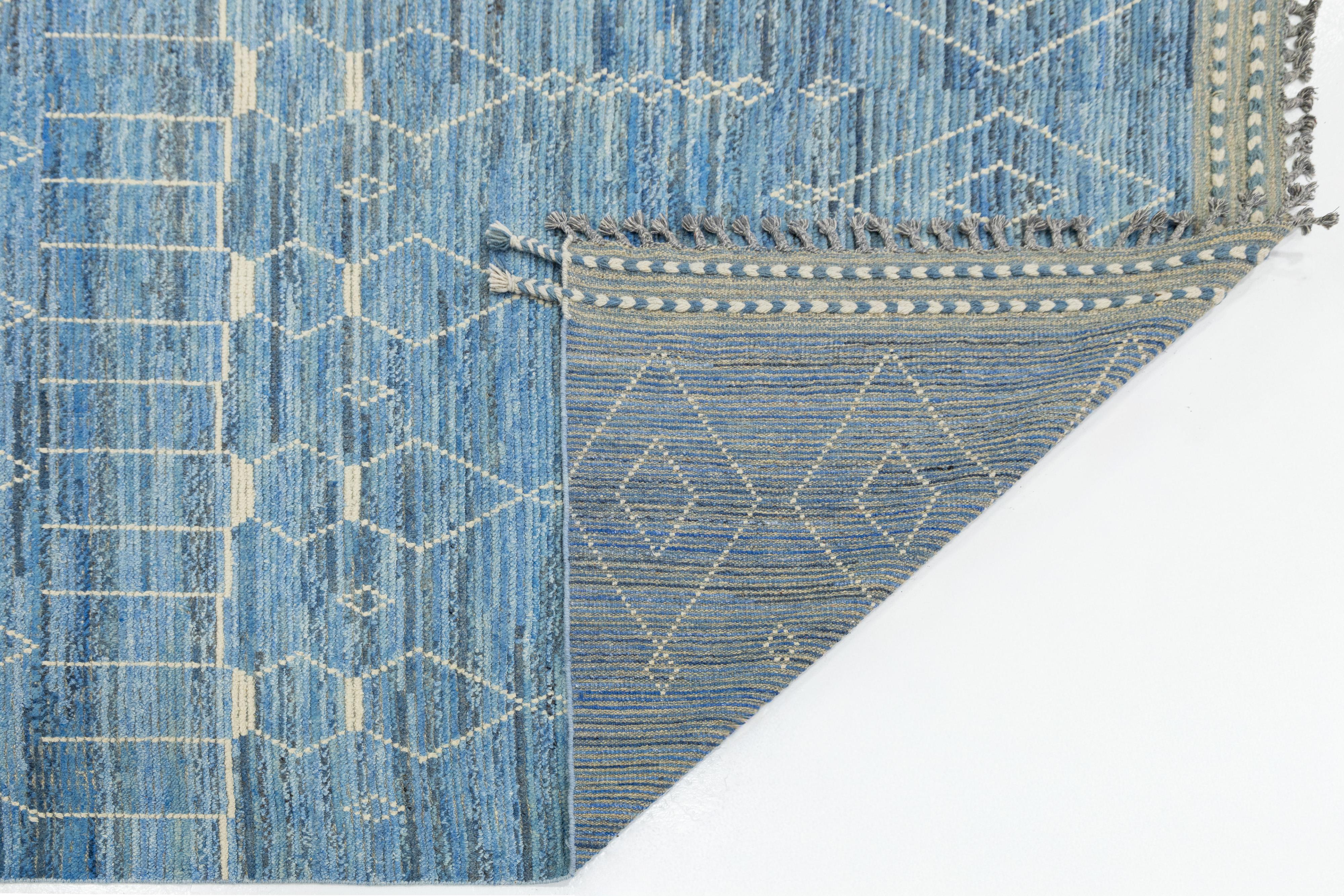 Pakistani Modern Moroccan Style Wool Rug Handwoven Blue with Tribal Geometric Motifs For Sale