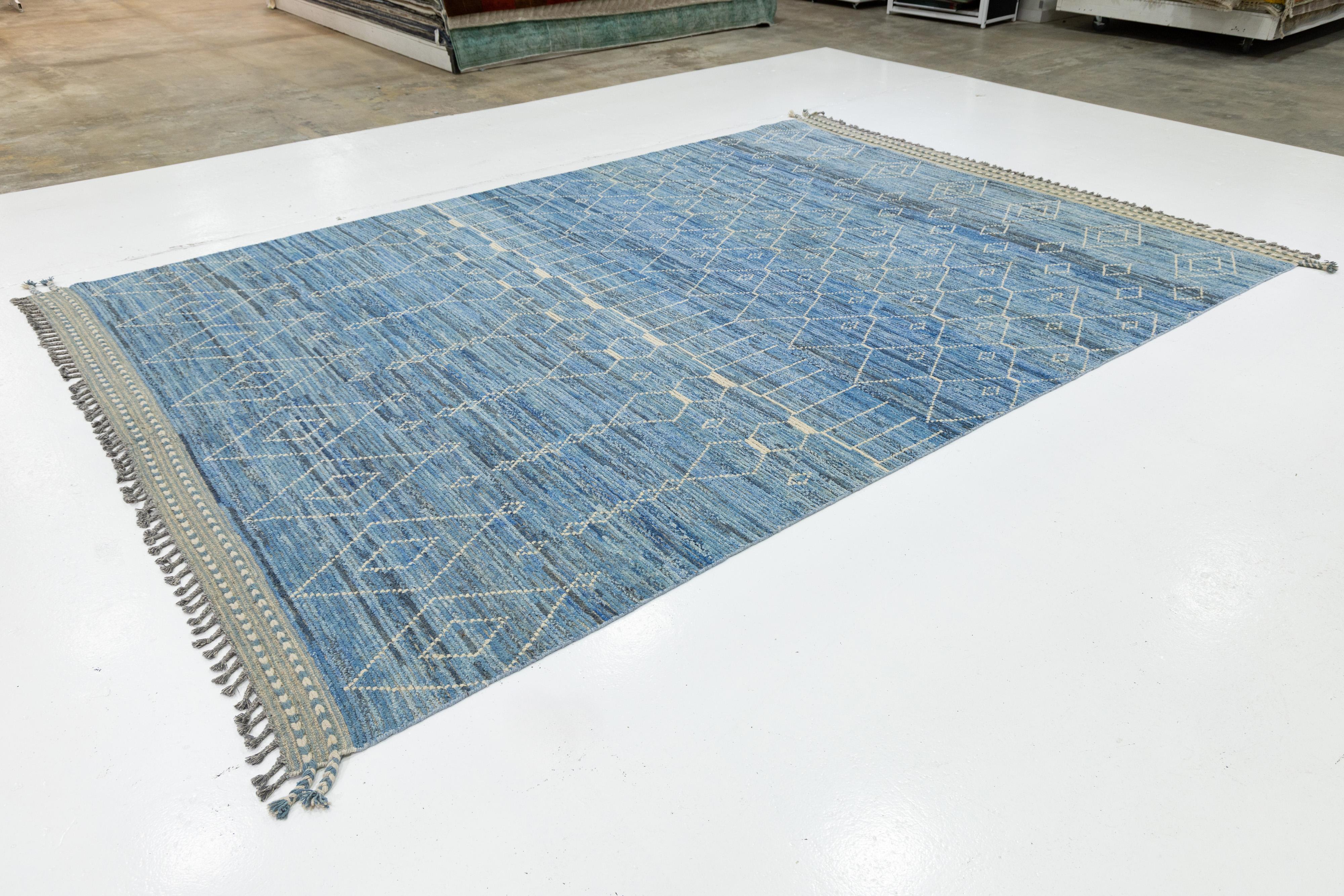 Hand-Knotted Modern Moroccan Style Wool Rug Handwoven Blue with Tribal Geometric Motifs For Sale