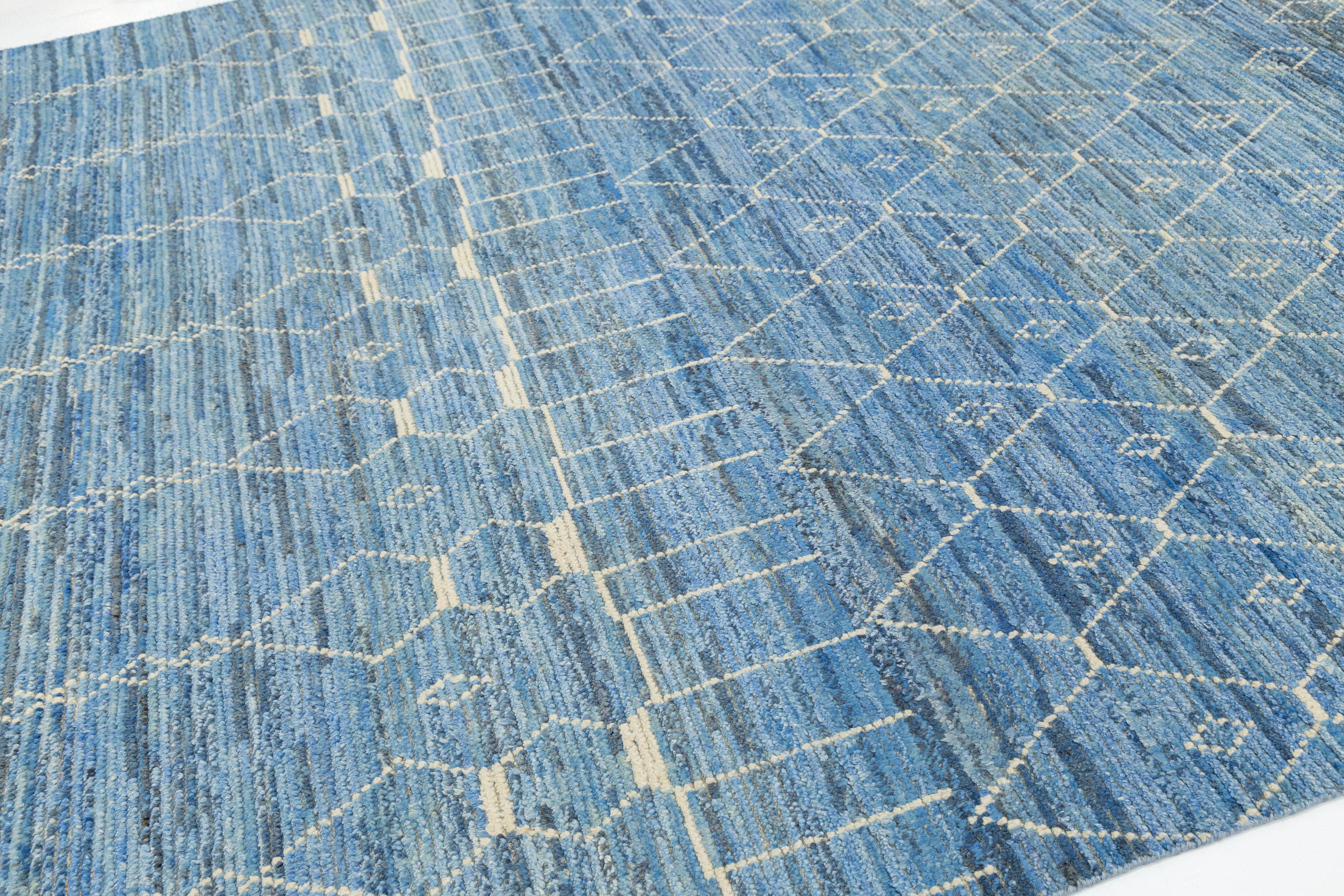 Modern Moroccan Style Wool Rug Handwoven Blue with Tribal Geometric Motifs In New Condition For Sale In Norwalk, CT