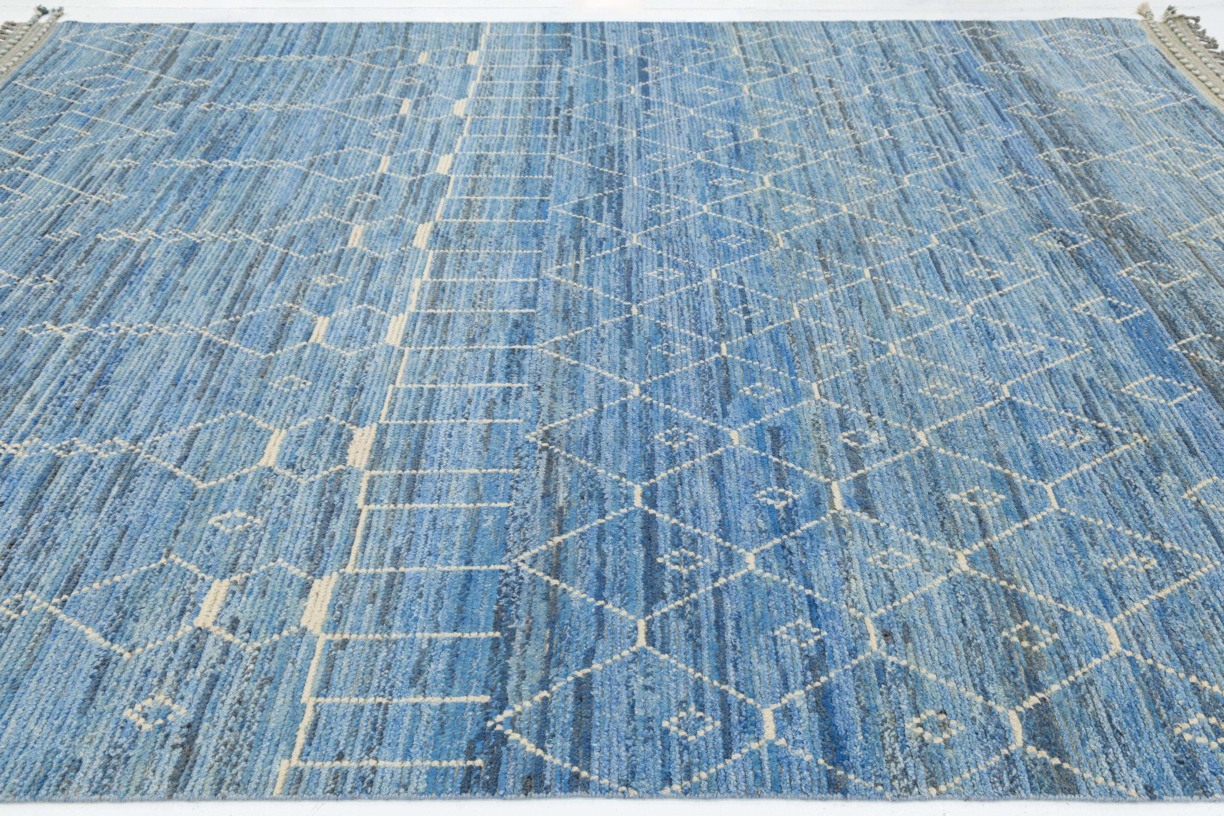 Contemporary Modern Moroccan Style Wool Rug Handwoven Blue with Tribal Geometric Motifs For Sale