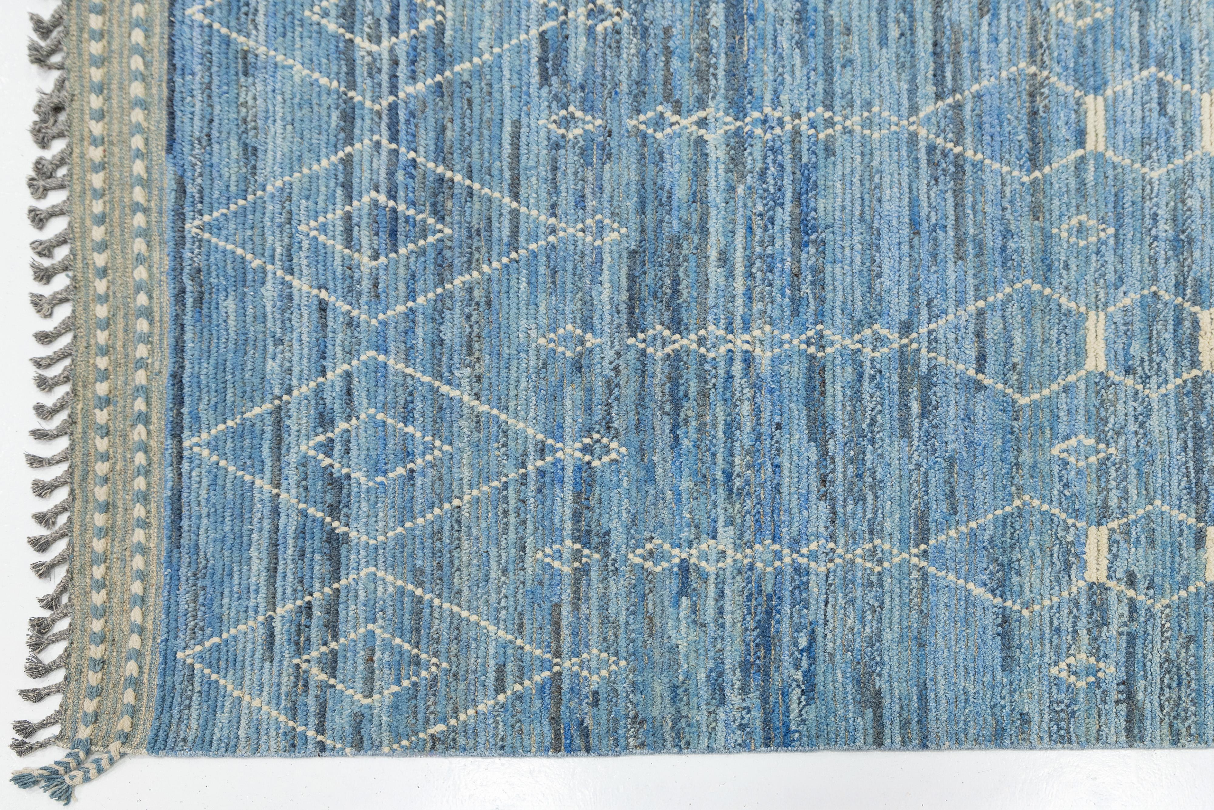 Modern Moroccan Style Wool Rug Handwoven Blue with Tribal Geometric Motifs For Sale 1
