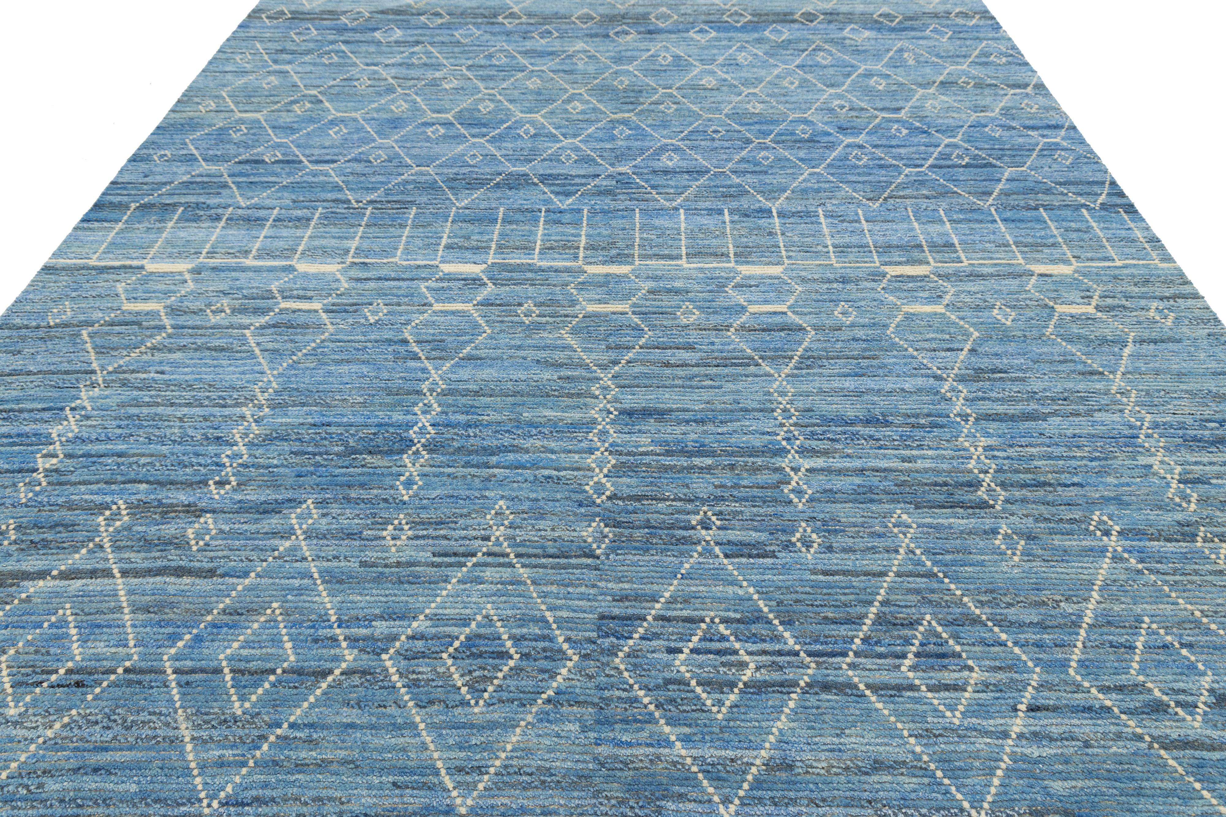 Modern Moroccan Style Wool Rug Handwoven Blue with Tribal Geometric Motifs For Sale 2