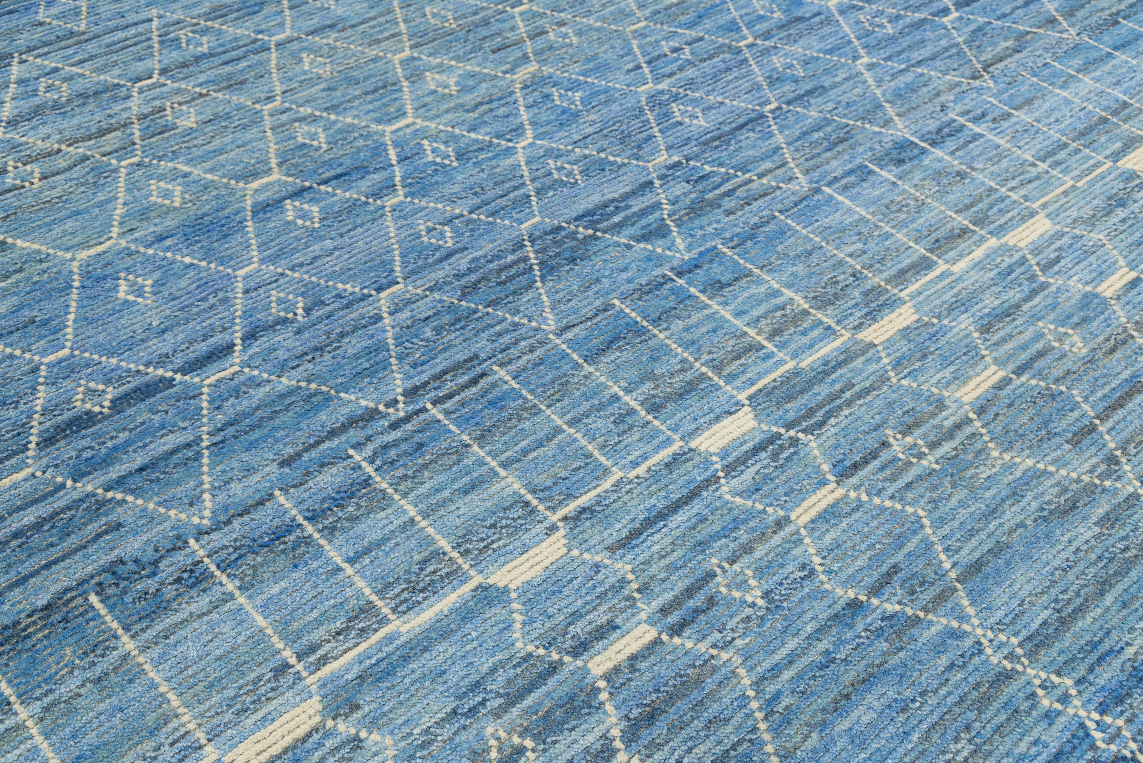 Modern Moroccan Style Wool Rug Handwoven Blue with Tribal Geometric Motifs For Sale 3