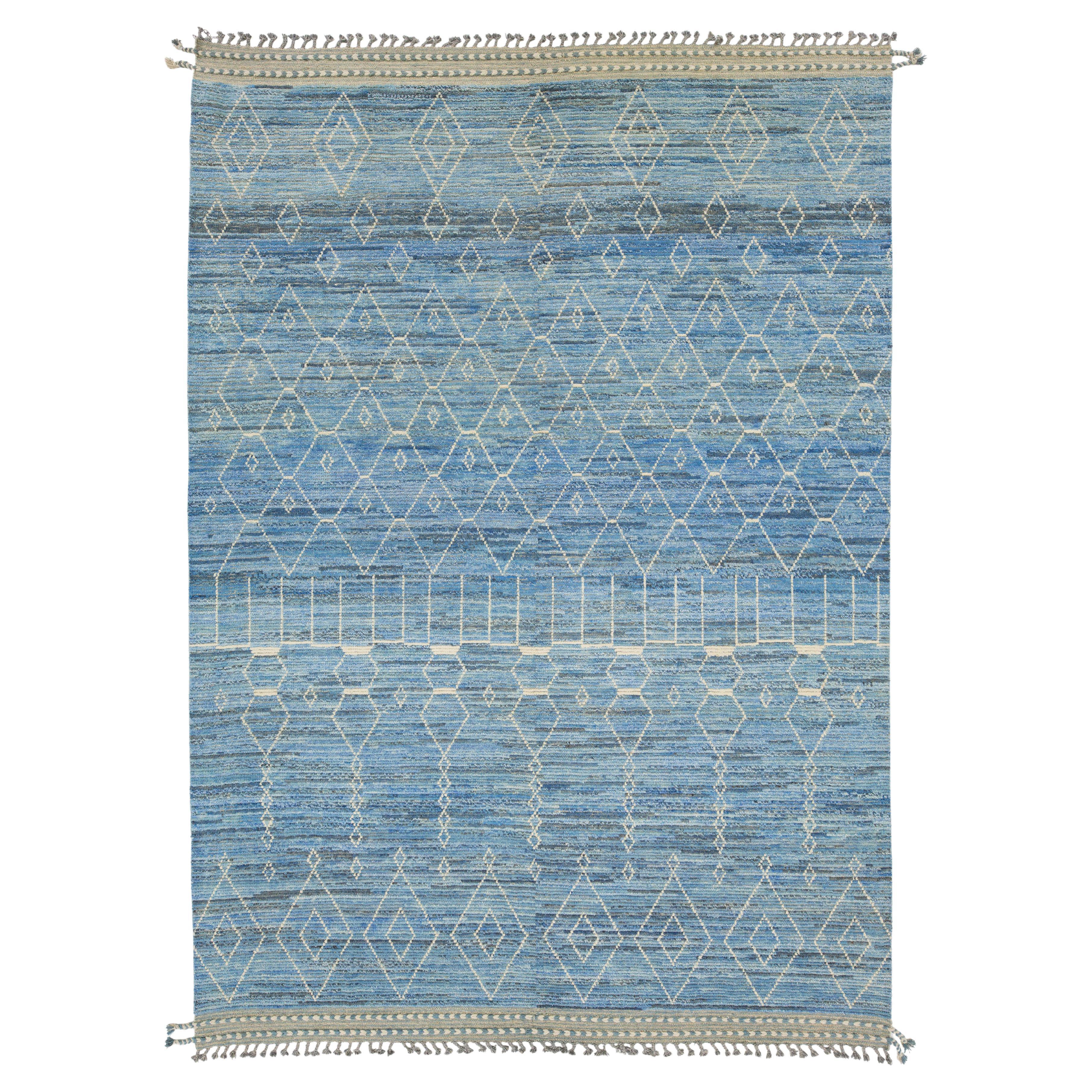 Modern Moroccan Style Wool Rug Handwoven Blue with Tribal Geometric Motifs