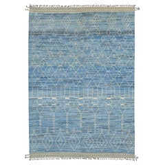 Modern Moroccan Style Wool Rug Handwoven Blue with Tribal Geometric Motifs