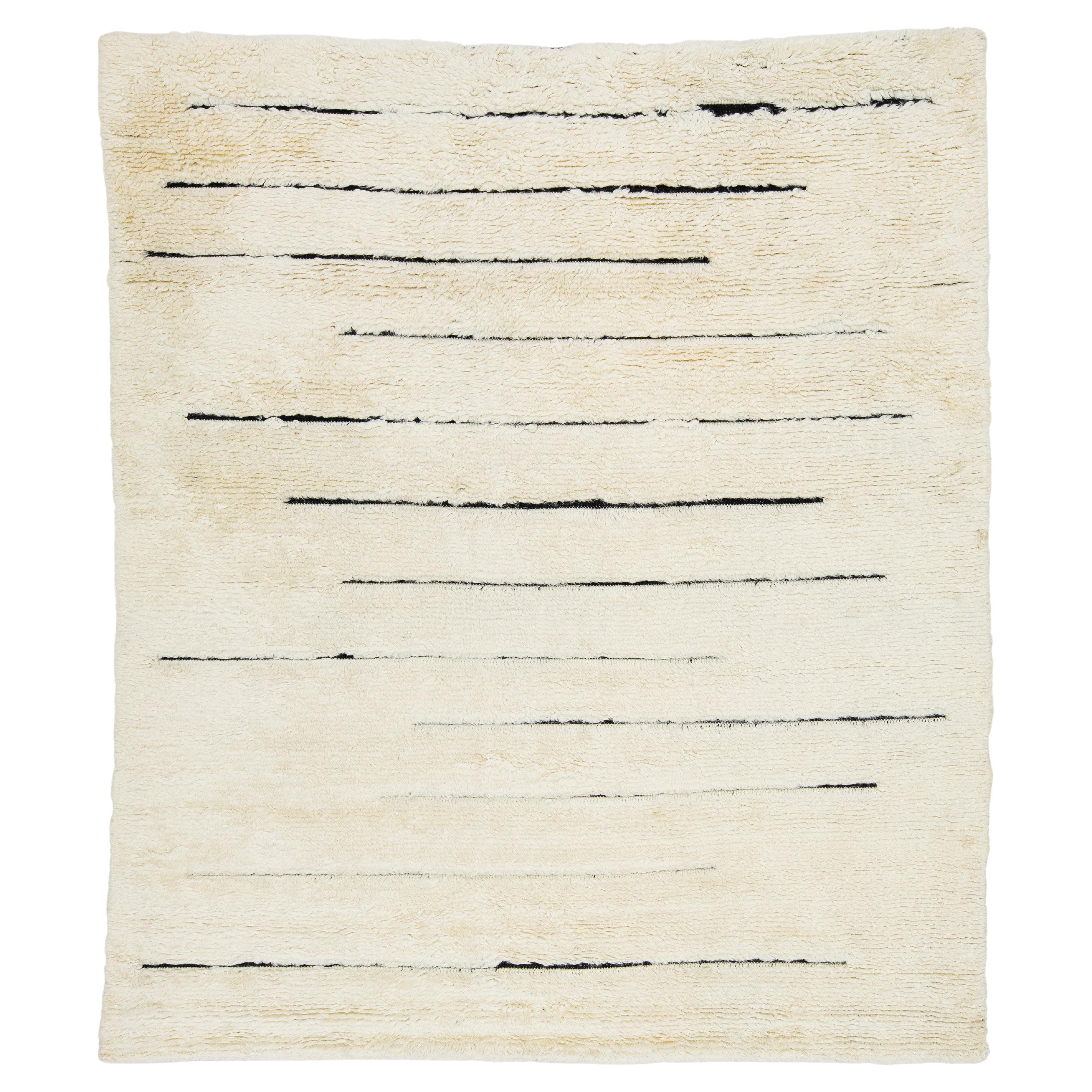 Modern Moroccan Style Wool Rug In Ivory with Striped Pattern