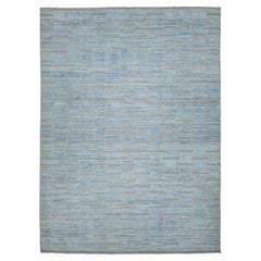 Alfombra de lana de estilo marroquí moderno en azul pizarra y gris, anudada a mano con motivos geométricos
