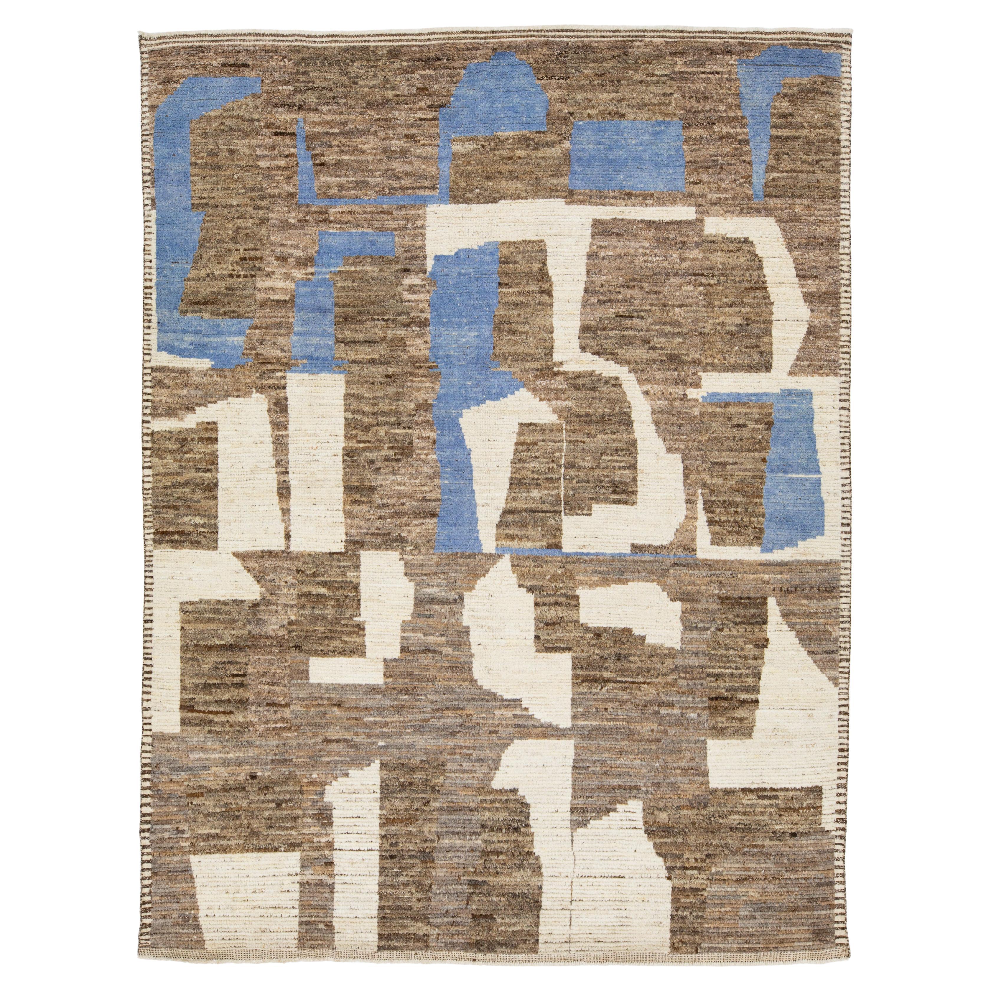 Modern Moroccan Style Wool Rug with Abstract Earth-Tone Geometry