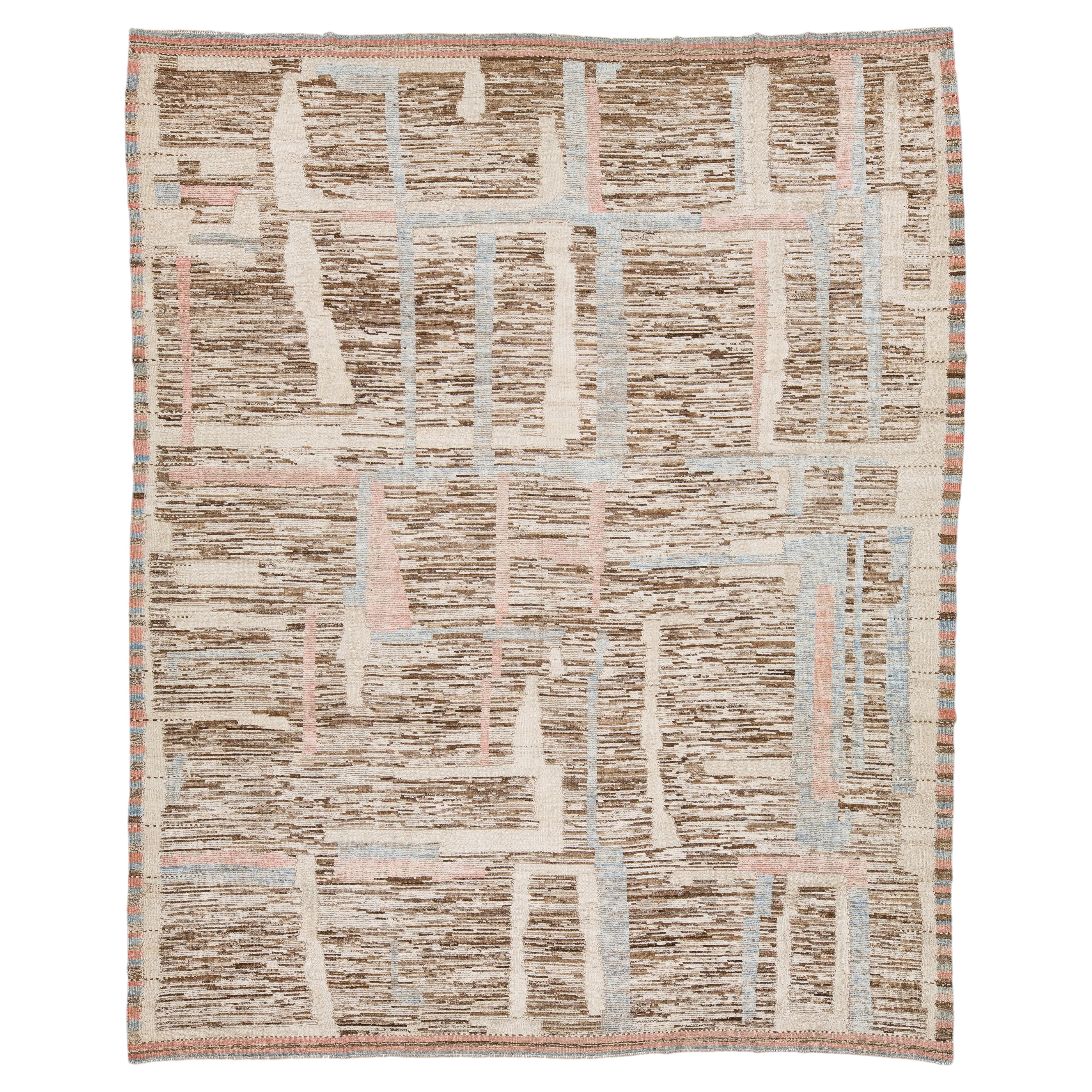 Modern Moroccan Style Wool Rug with Abstract Geometric Design in Earth Tones For Sale