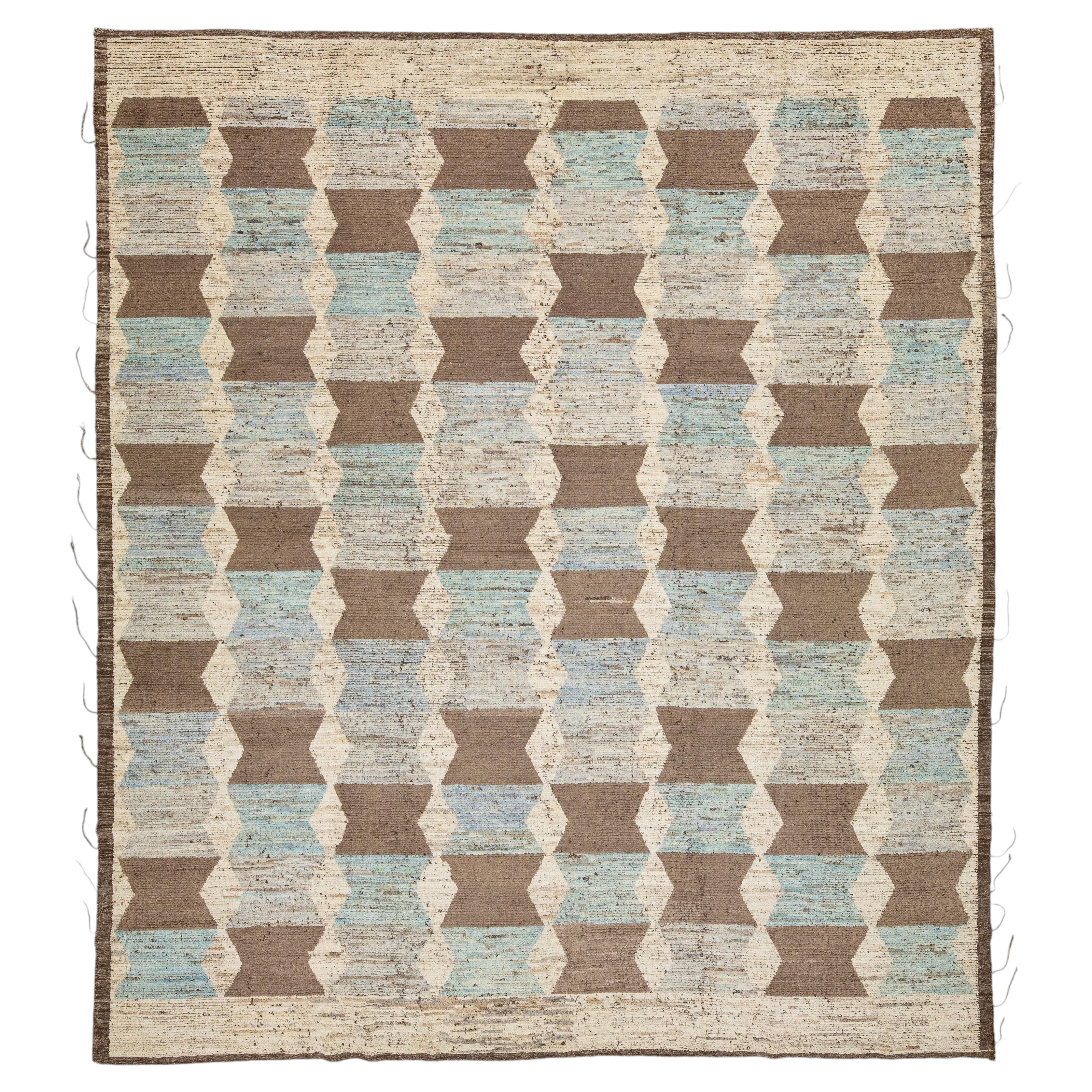 Modern Moroccan Style Wool Rug with Geometric Pattern in Earthy Brown and Blue