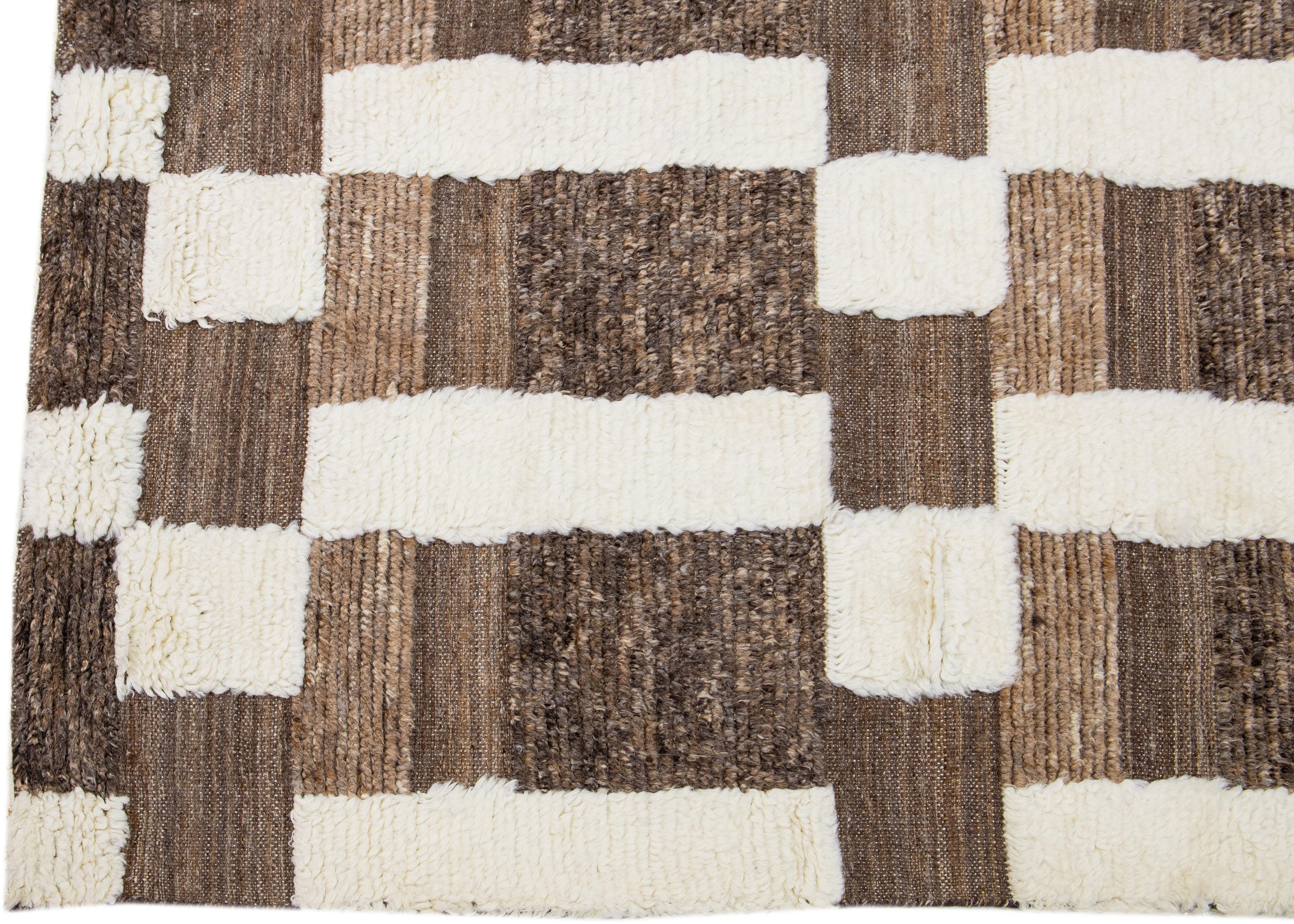 Hand-Knotted Modern Moroccan Style Wool Rug With Seamless Abstract Design In Brown For Sale