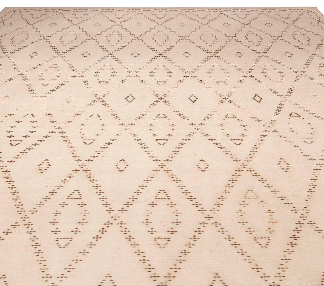 Indian Modern Moroccan Tazo Design Beige Handmade Wool Rug by Doris Leslie Blau For Sale