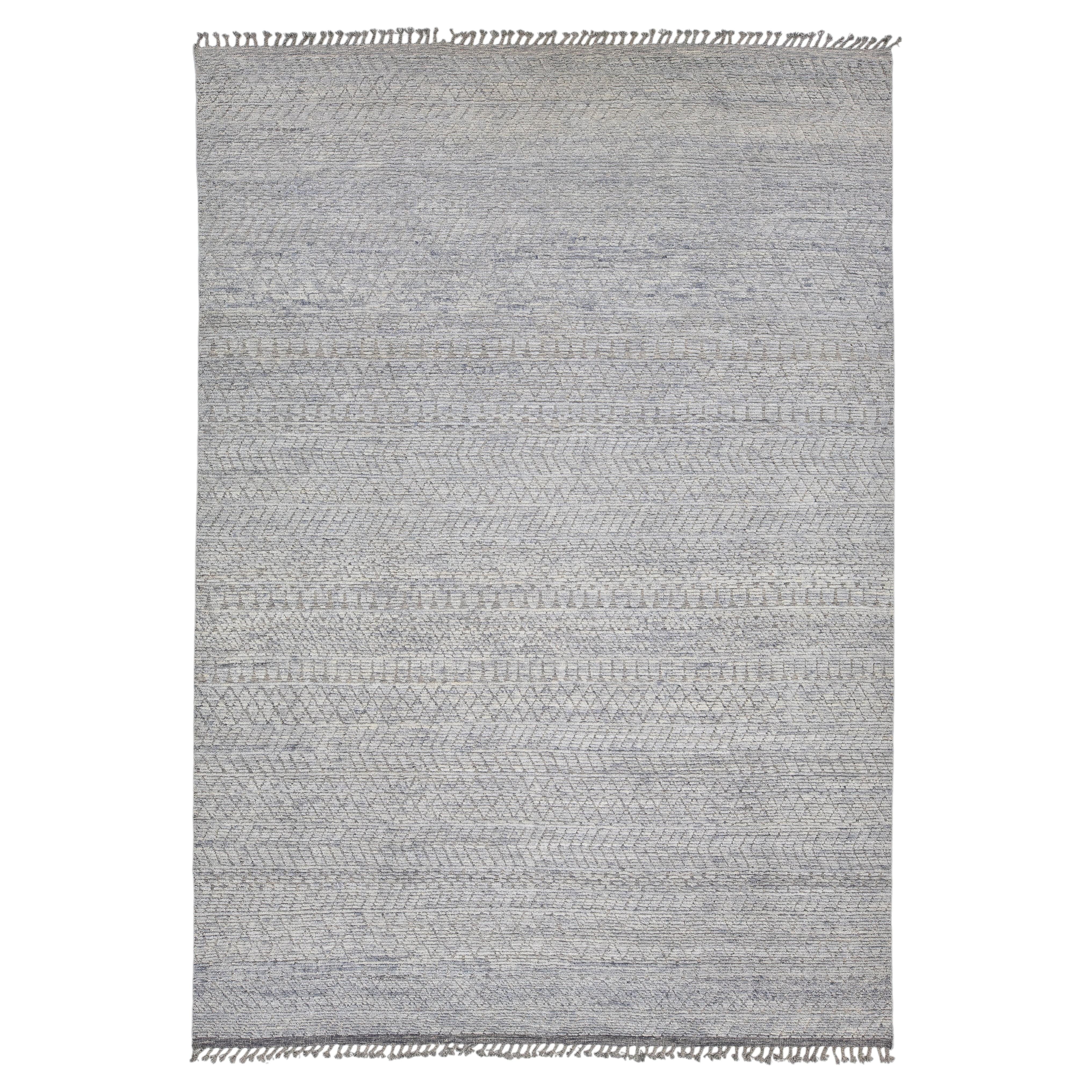Modern Moroccan Tribal Abstract Wool Area Rug – Soft Blue & Slate Grey 10x14