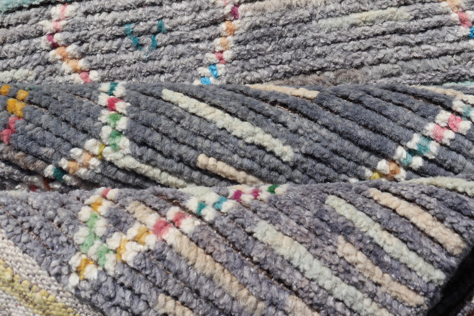Modern Moroccan Tribal Designed Runner in Pastels Colors On A Grey Ground For Sale 3