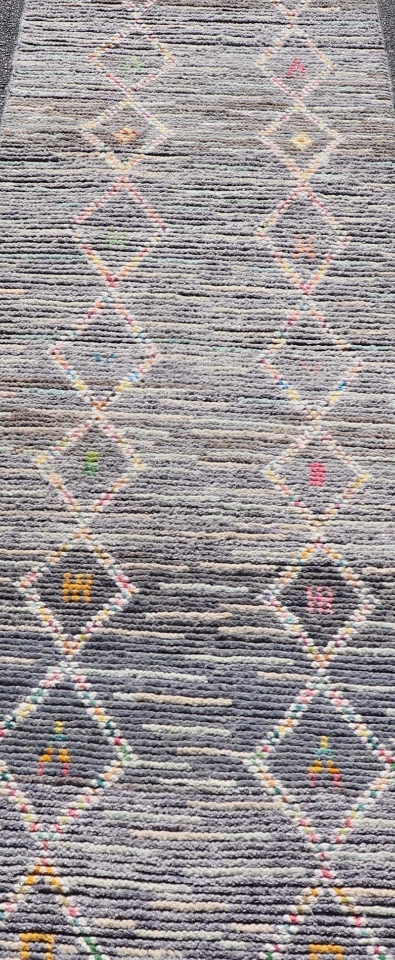 Modern Moroccan Tribal Designed Runner in Pastels Colors On A Grey Ground For Sale 4