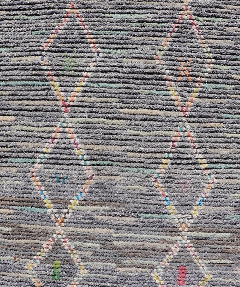 Hand-Knotted Modern Moroccan Tribal Designed Runner in Pastels Colors On A Grey Ground For Sale