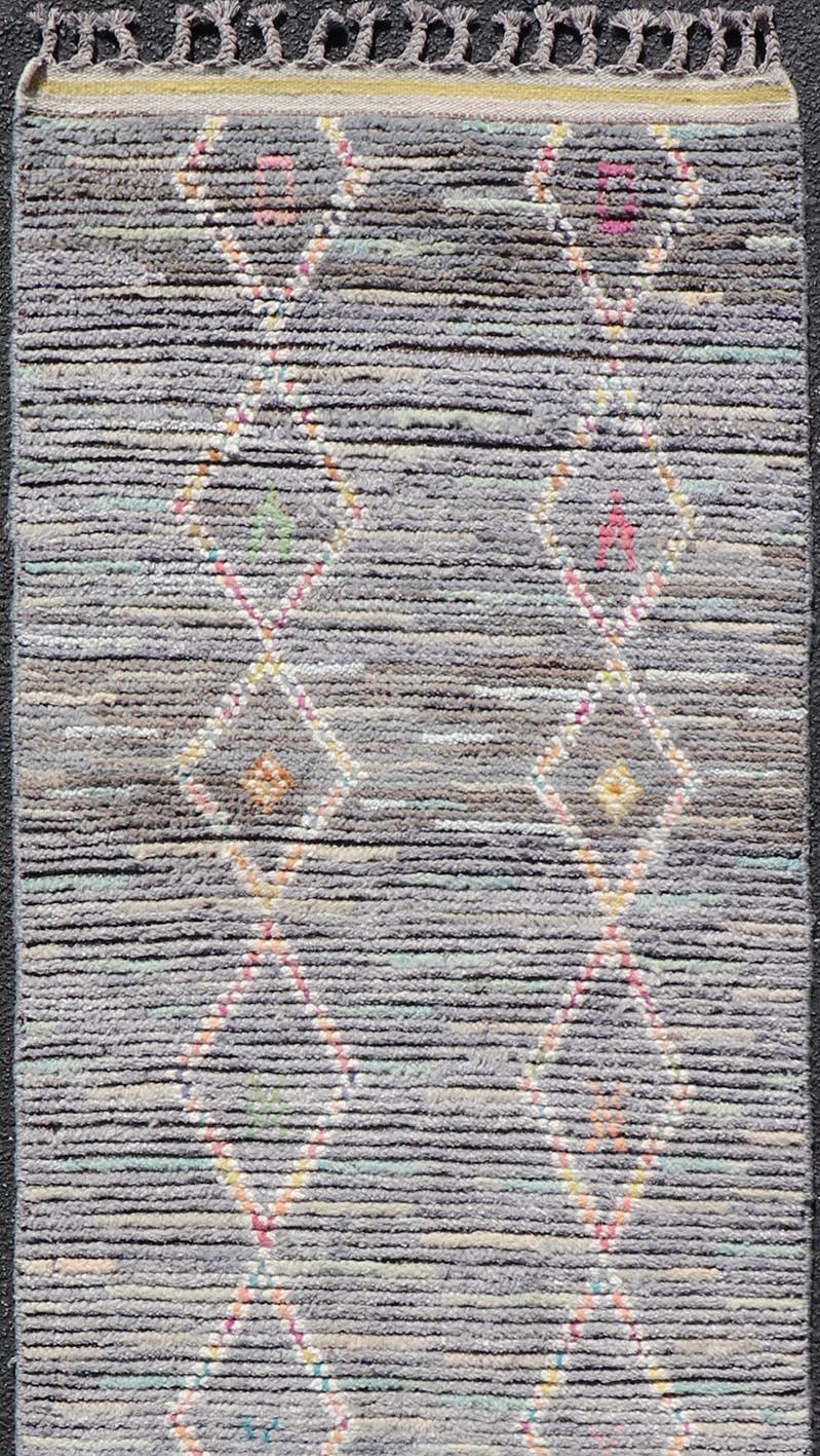 Contemporary Modern Moroccan Tribal Designed Runner in Pastels Colors On A Grey Ground For Sale