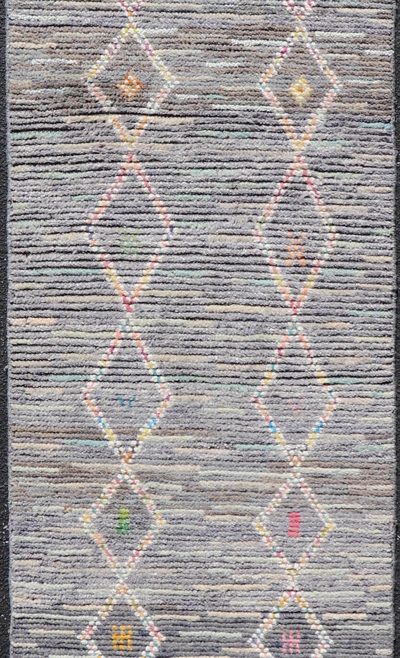 Wool Modern Moroccan Tribal Designed Runner in Pastels Colors On A Grey Ground For Sale