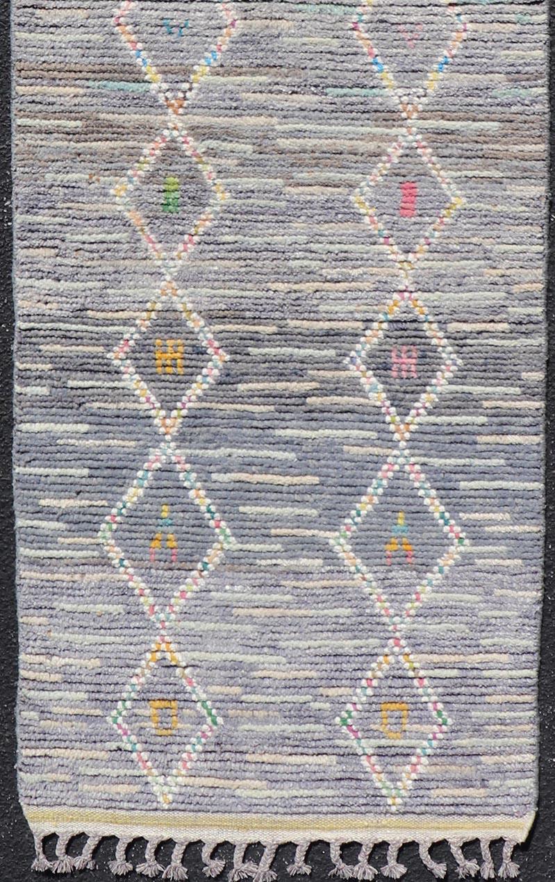 Modern Moroccan Tribal Designed Runner in Pastels Colors On A Grey Ground For Sale 1