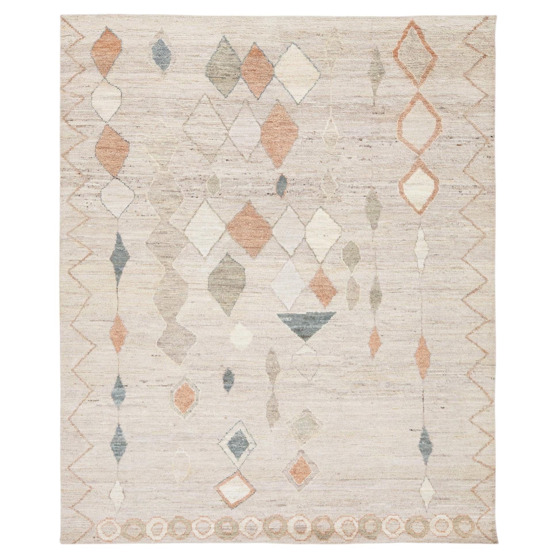Modern Moroccan Tribal Hand-Knotted Wool Area Rug - Geometric Diamond Neutral