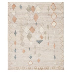 Modern Moroccan Tribal Hand-Knotted Wool Area Rug - Geometric Diamond Neutral