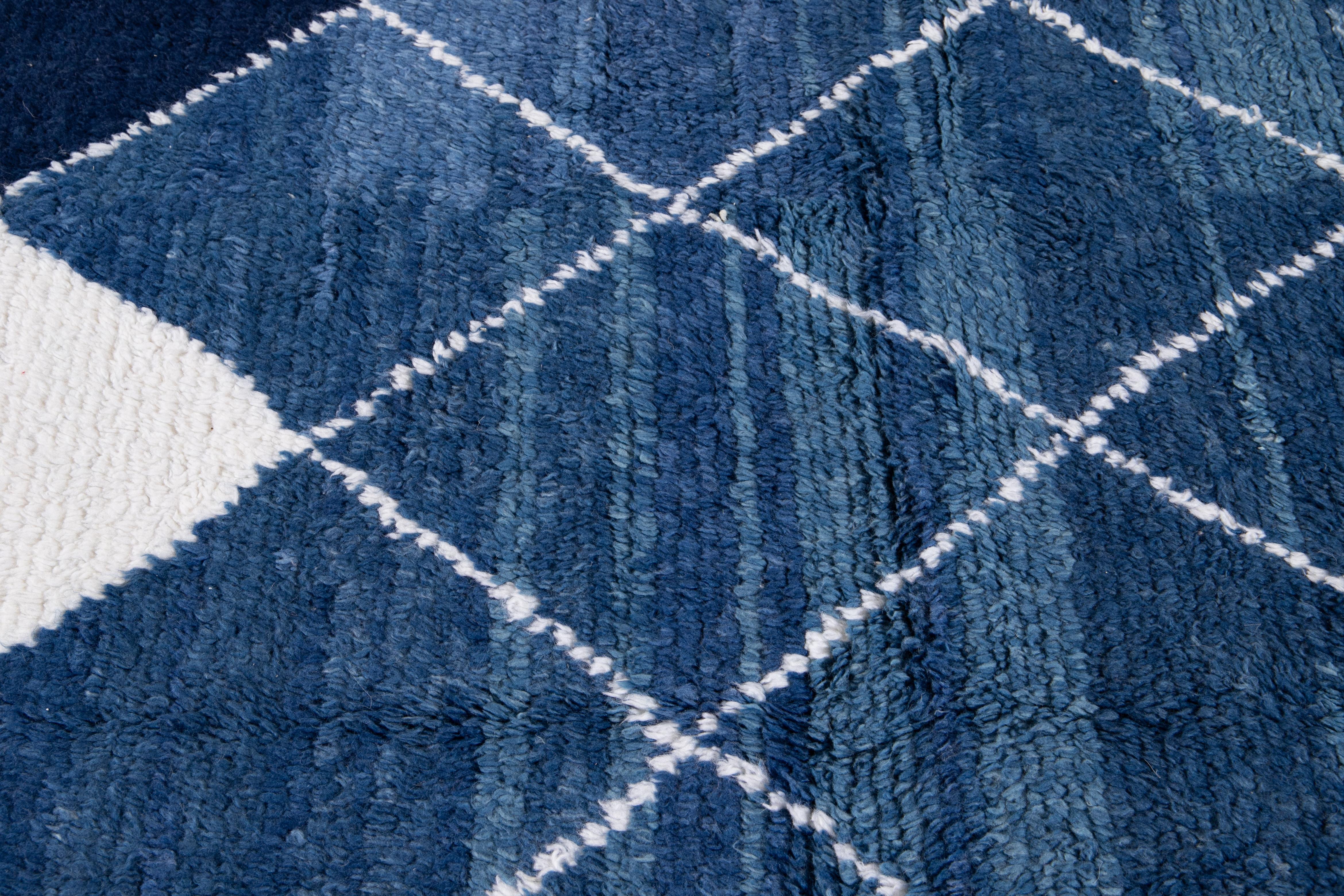 Bohemian Modern Moroccan Tribal Style Square Wool Rug Handmade in Blue For Sale