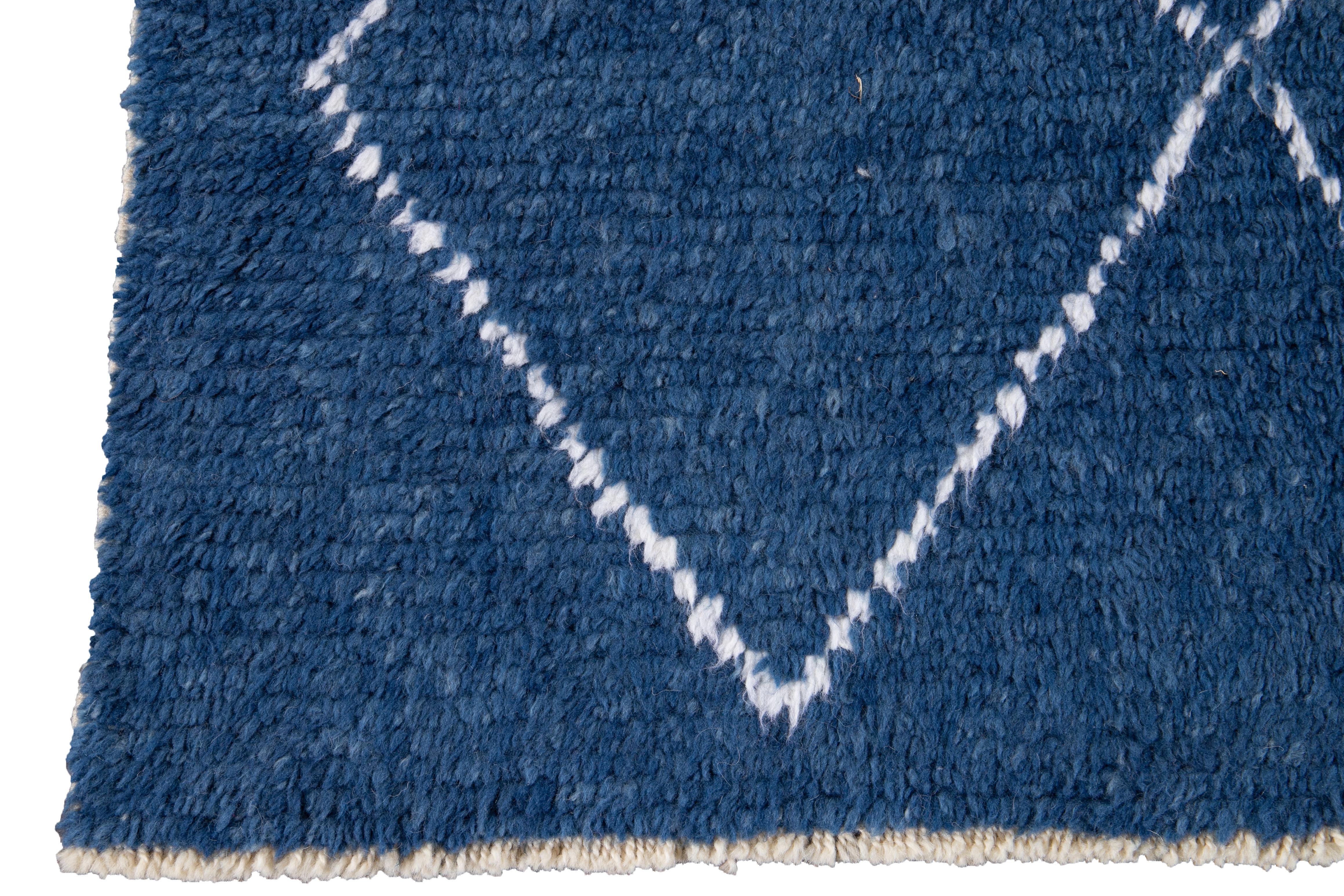 Modern Moroccan Tribal Style Square Wool Rug Handmade in Blue In New Condition For Sale In Norwalk, CT