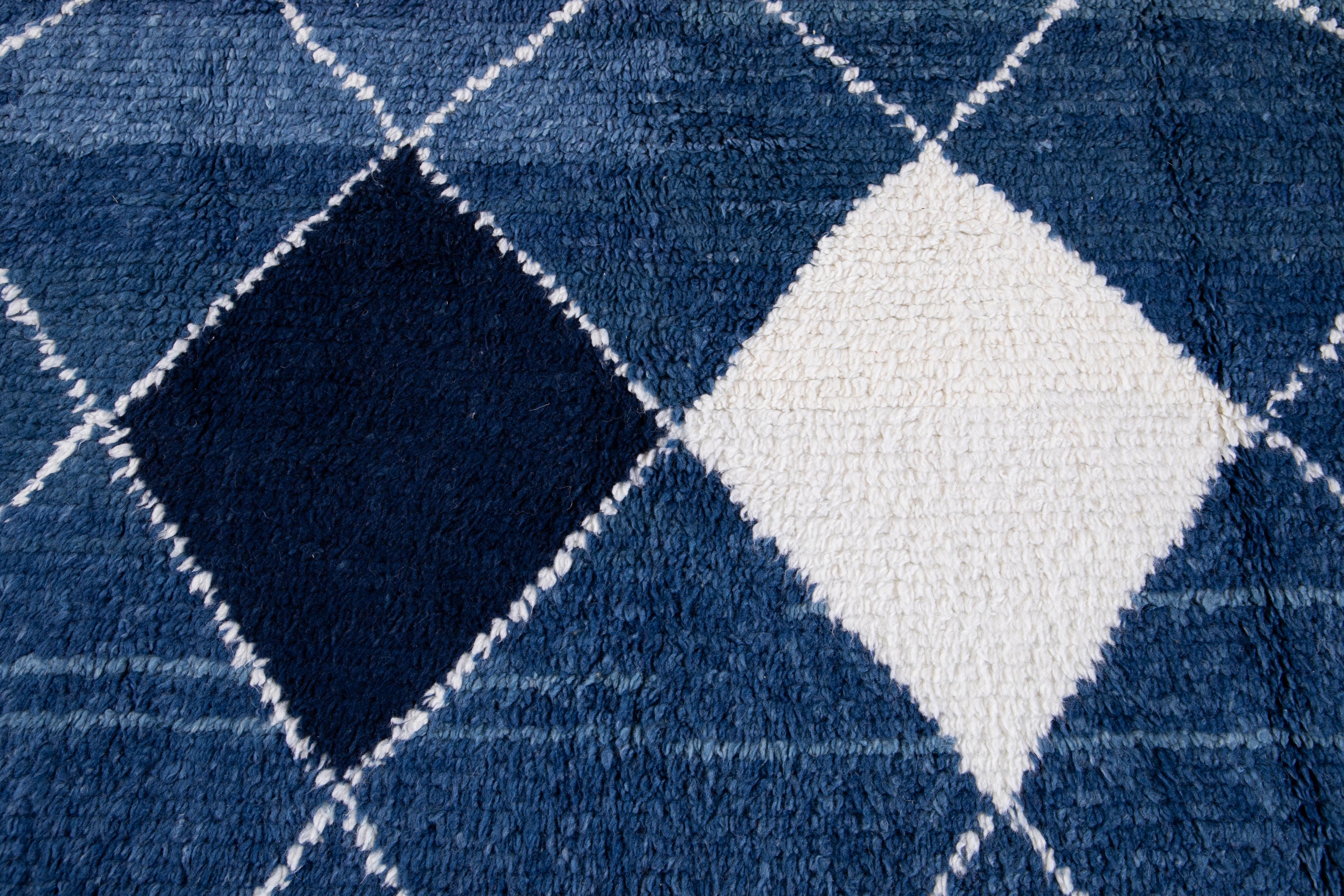Contemporary Modern Moroccan Tribal Style Square Wool Rug Handmade in Blue For Sale