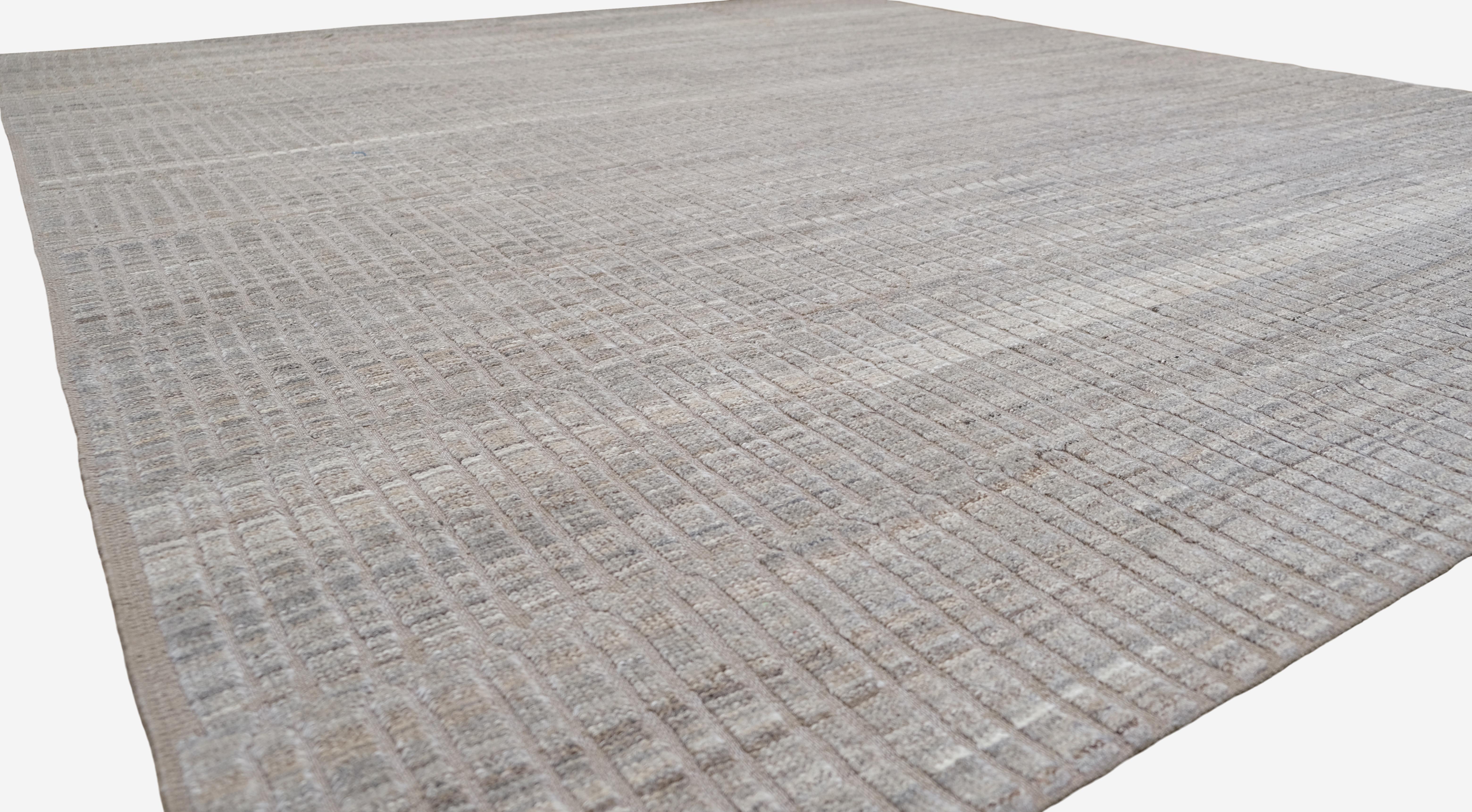 Hand-Knotted Modern Moroccan Vintage Distressed Inspired Minimal Rug 10'x11'7'' For Sale