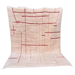 Modern Moroccan White Rug with Pink Engraved Design in Soft Cream Wool