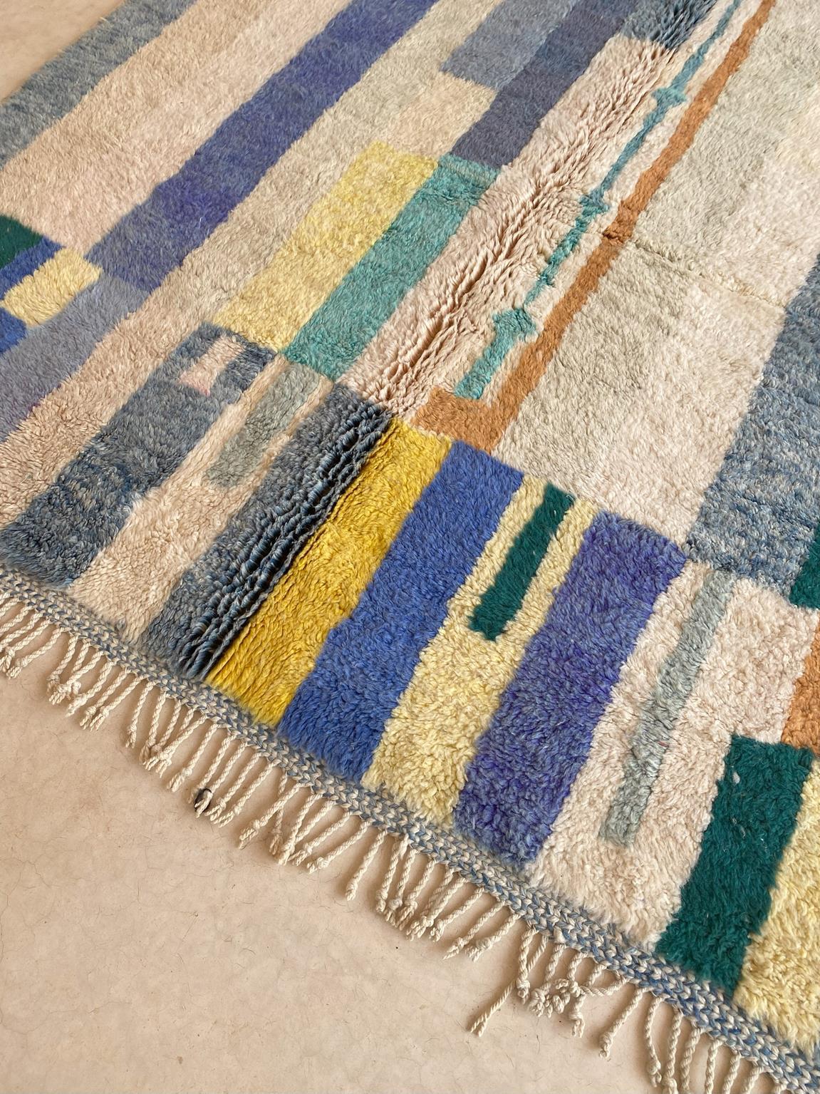 Modern Moroccan wool Mrirt rug - Blue/cream/yellow - 7x10.2feet / 214x310cm For Sale 5
