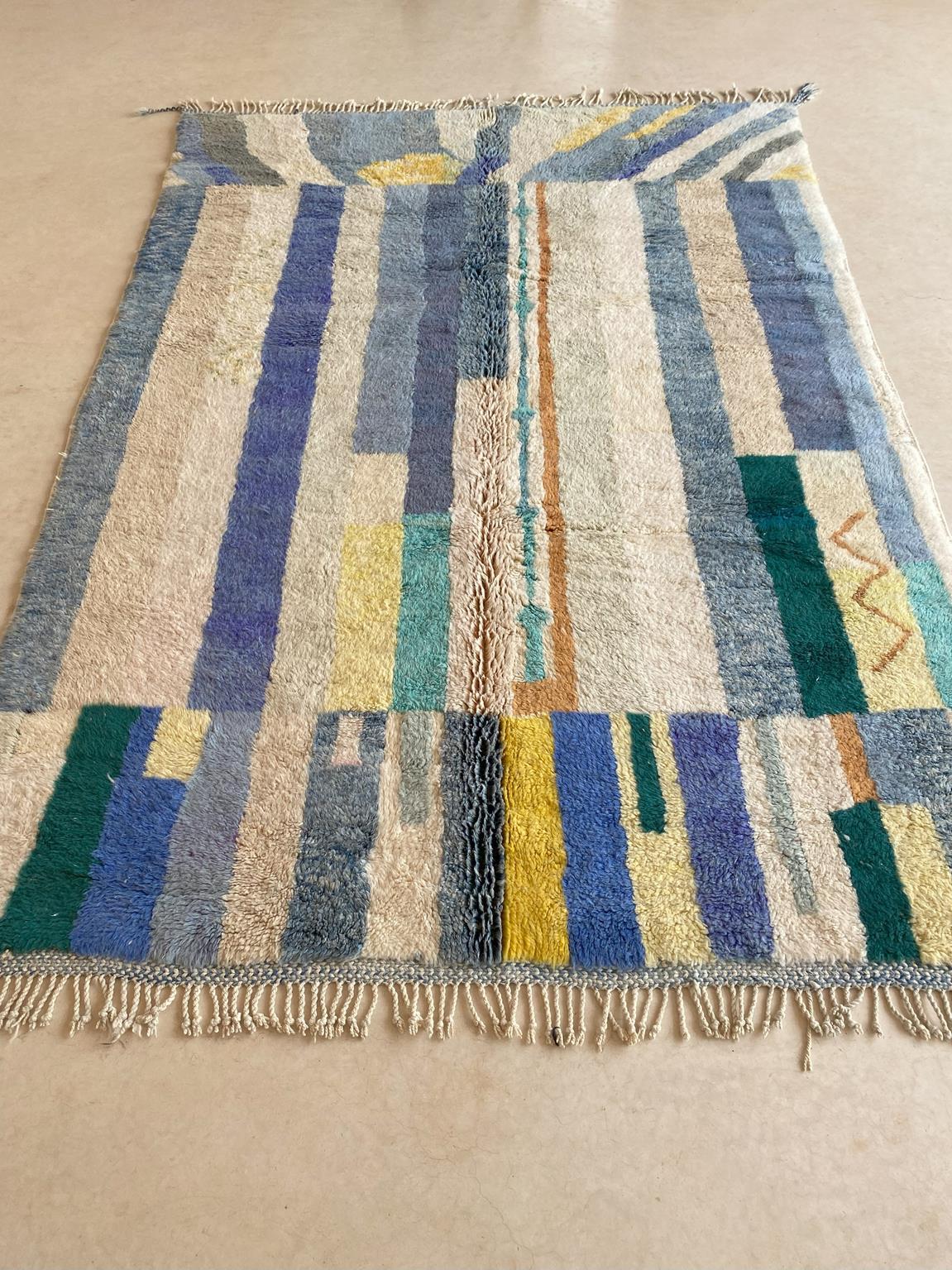 Modern Moroccan wool Mrirt rug - Blue/cream/yellow - 7x10.2feet / 214x310cm For Sale 6